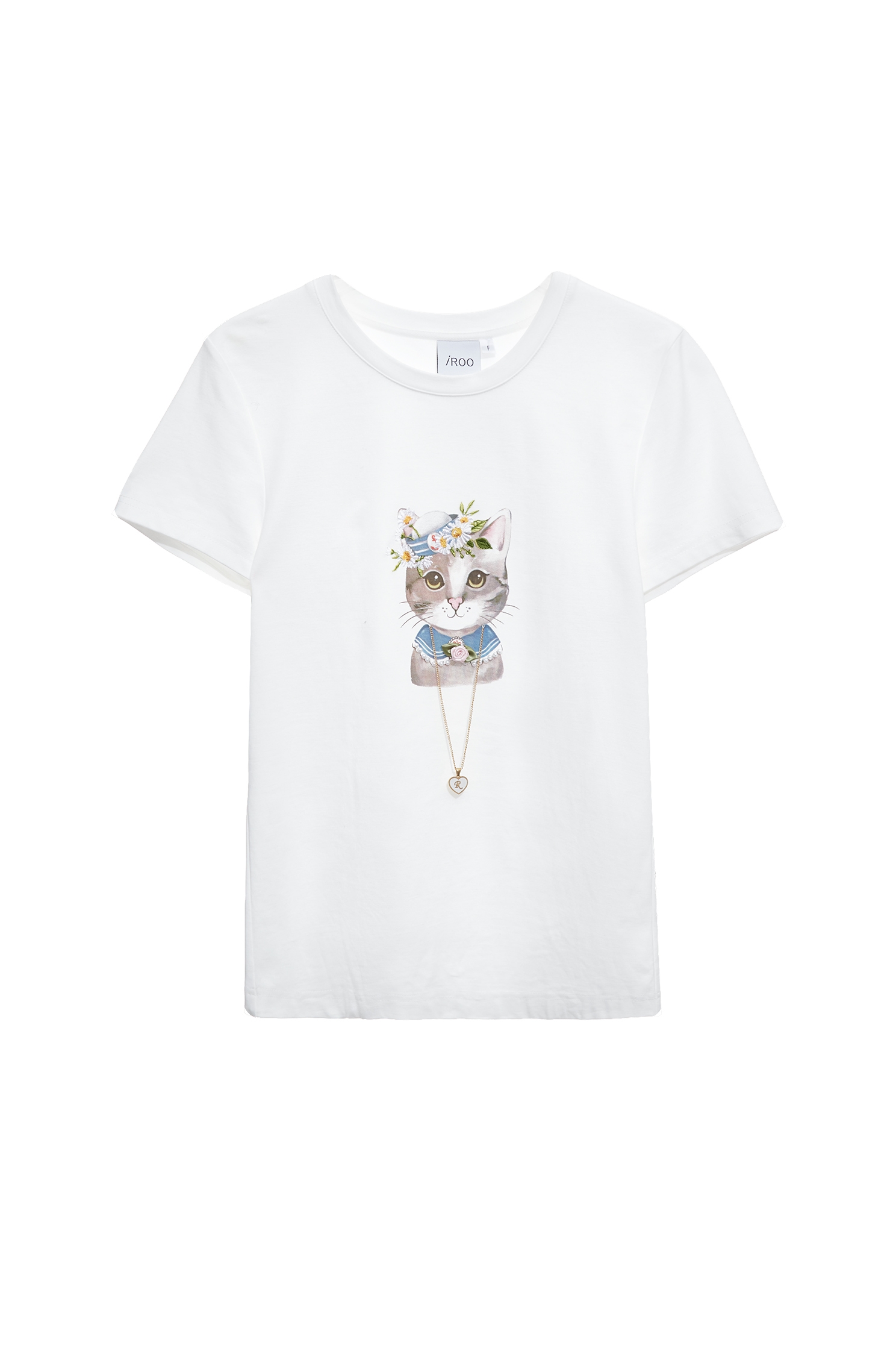 戴花朵帽貓咪印花Ｔ恤上衣戴花朵帽貓咪印花Ｔ恤上衣,上衣,春夏穿搭,白色上衣,項鍊