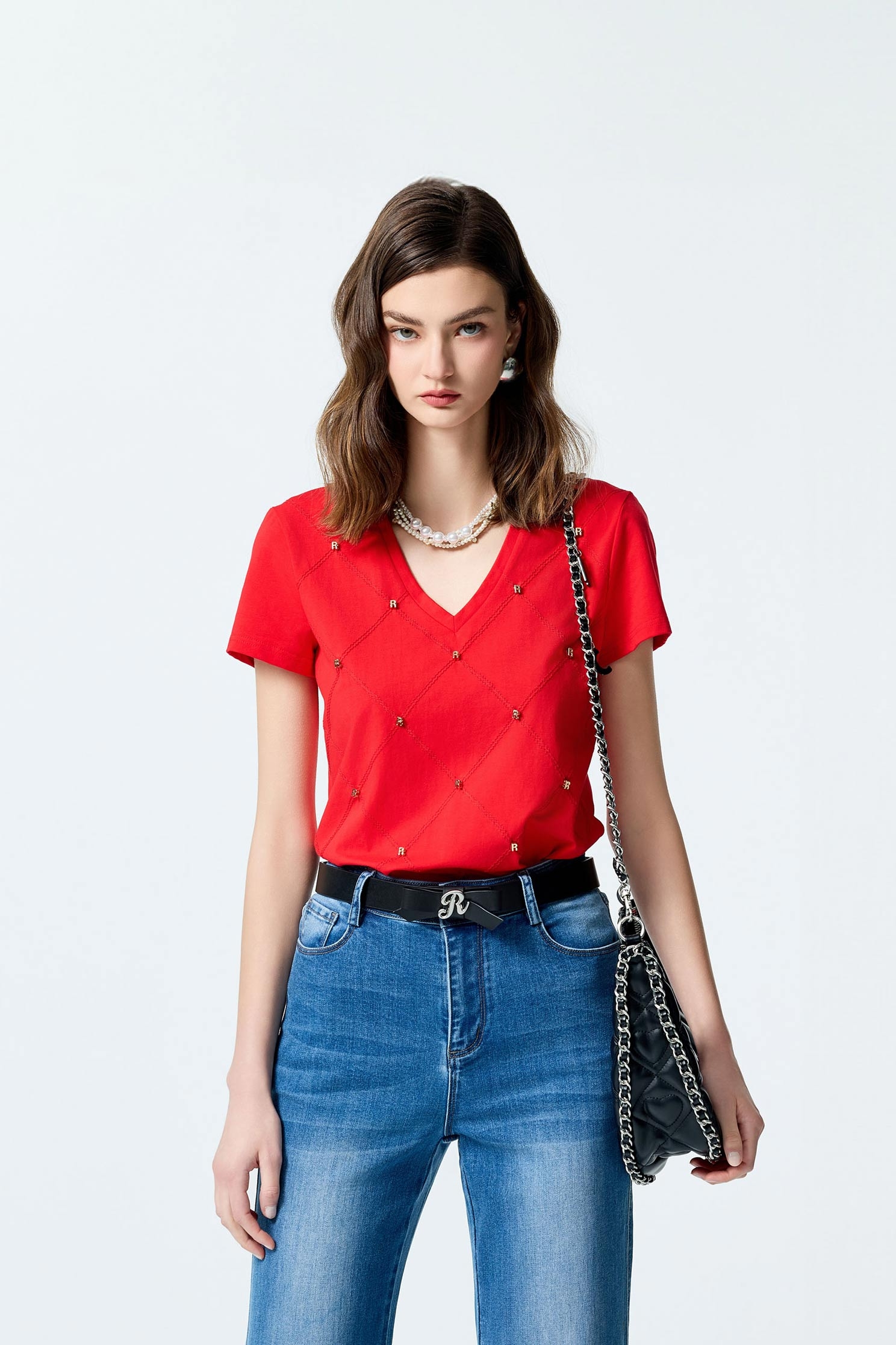 蜜餞紅棋盤格T恤上衣蜜餞紅棋盤格T恤上衣,上衣,刺繡,格紋,秋冬穿搭,純棉