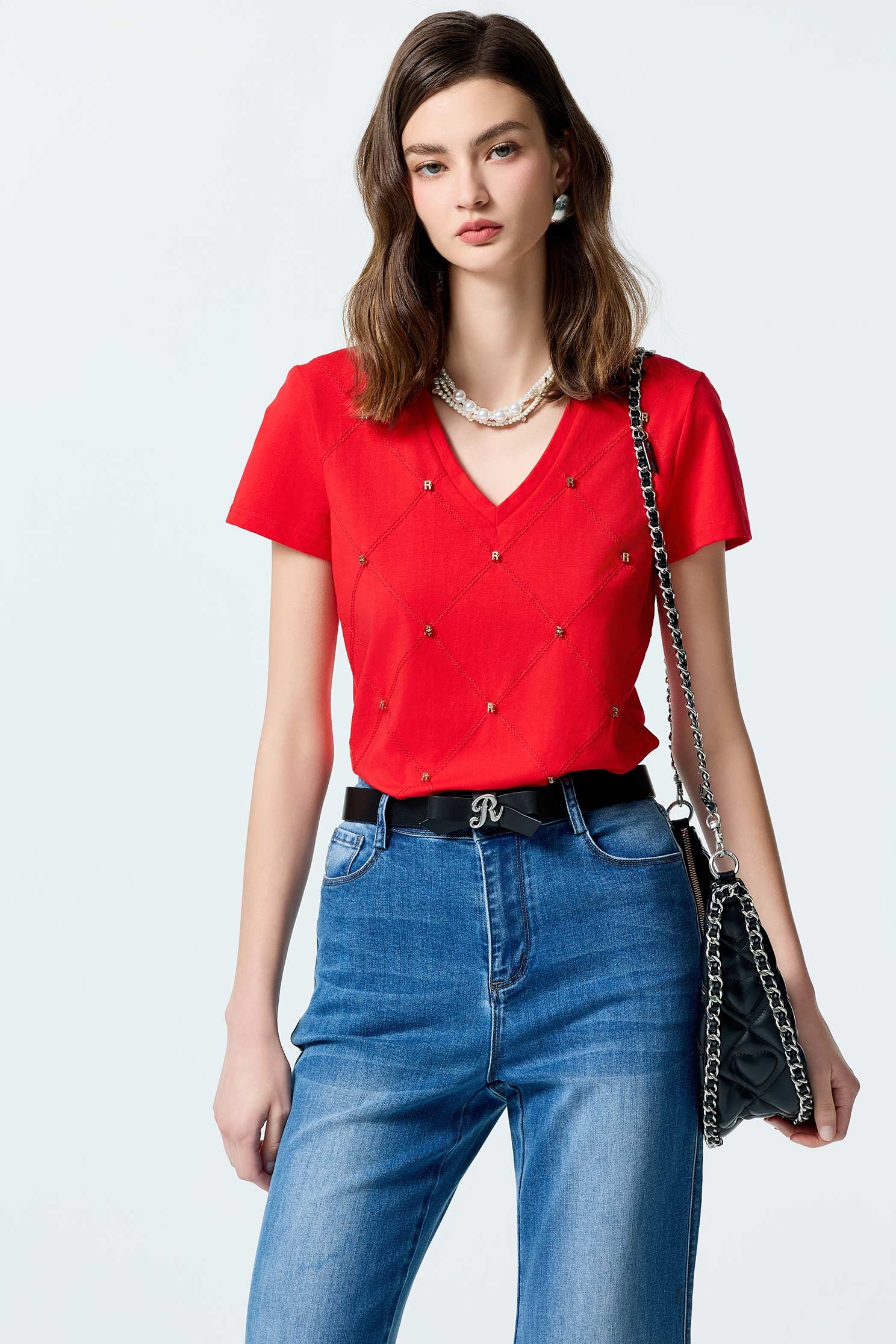 蜜餞紅棋盤格T恤上衣蜜餞紅棋盤格T恤上衣,上衣,刺繡,格紋,秋冬穿搭,純棉