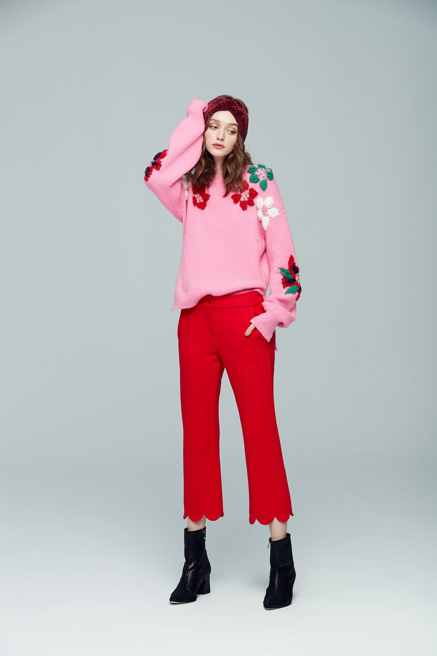 flower pattern pink ladies sweater blouse,top,knitting,knittedtop,knittedtop,longsleevetop