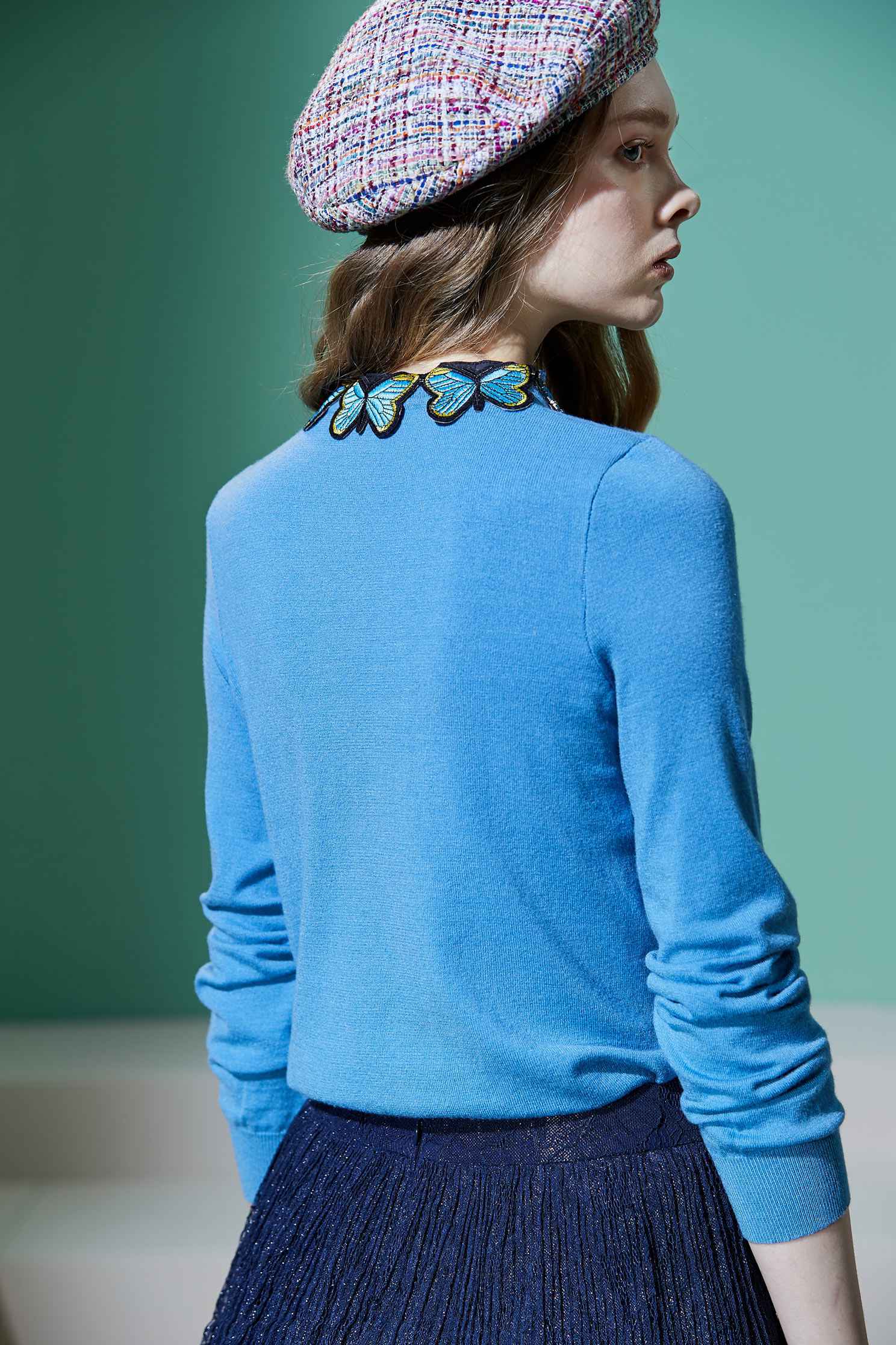Butterfly rhinestone knitting top,pantoneblue,top,outerwear,knitting,knittedtop,knittedtop,longsleevetop