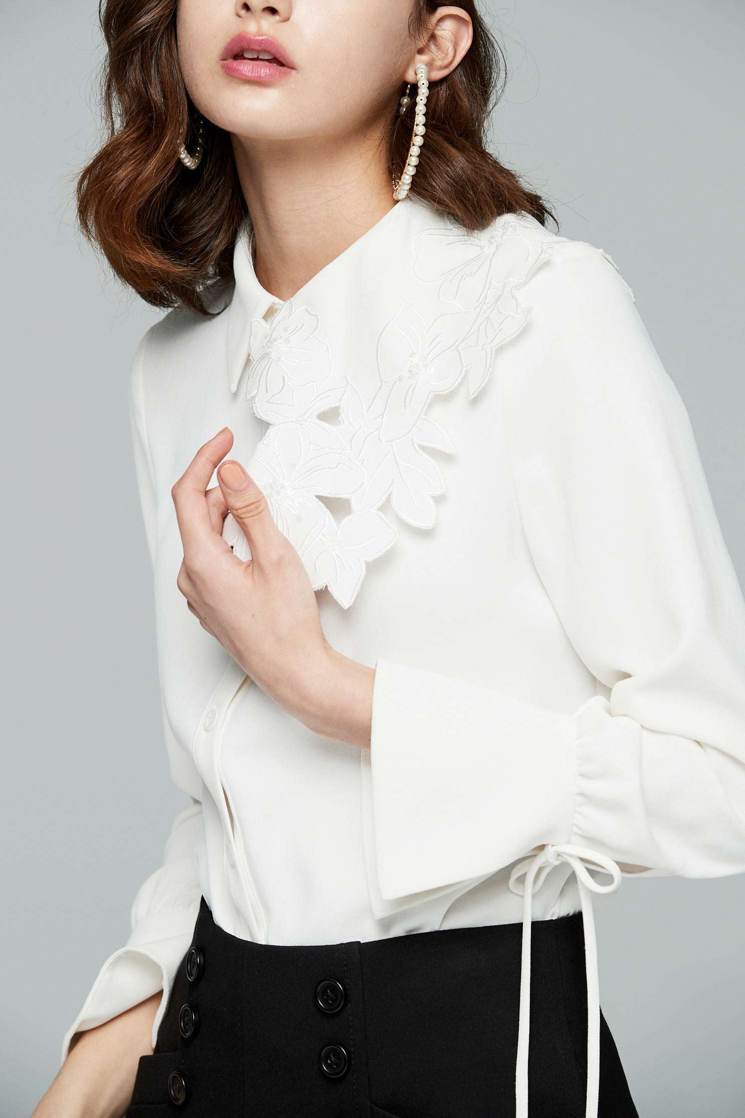 floral embroidered collared fashion blouse,top,whitetop,blouse,longsleevetop