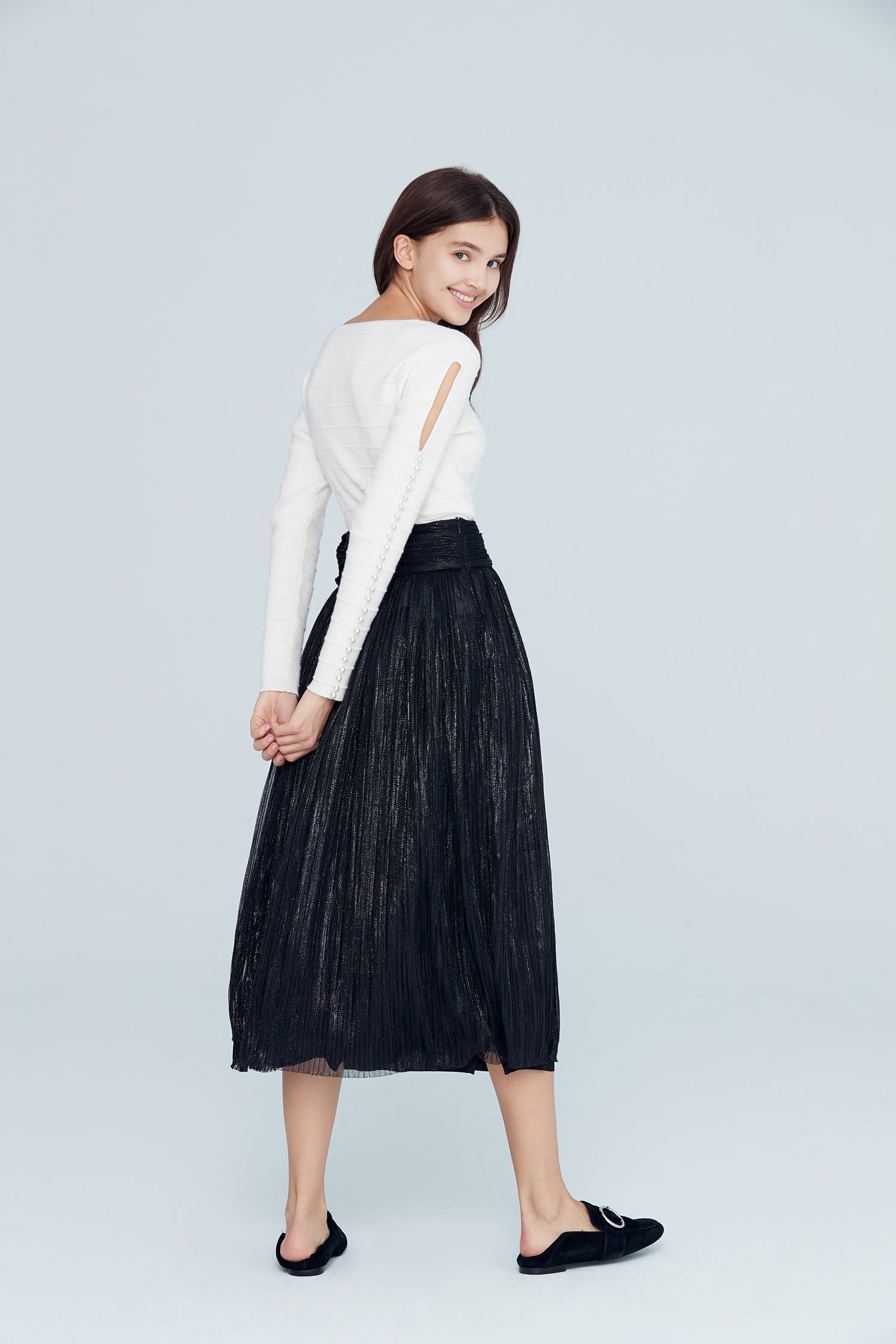 Stereoscopic crease top,top,whitetop,knittedtop,longsleevetop