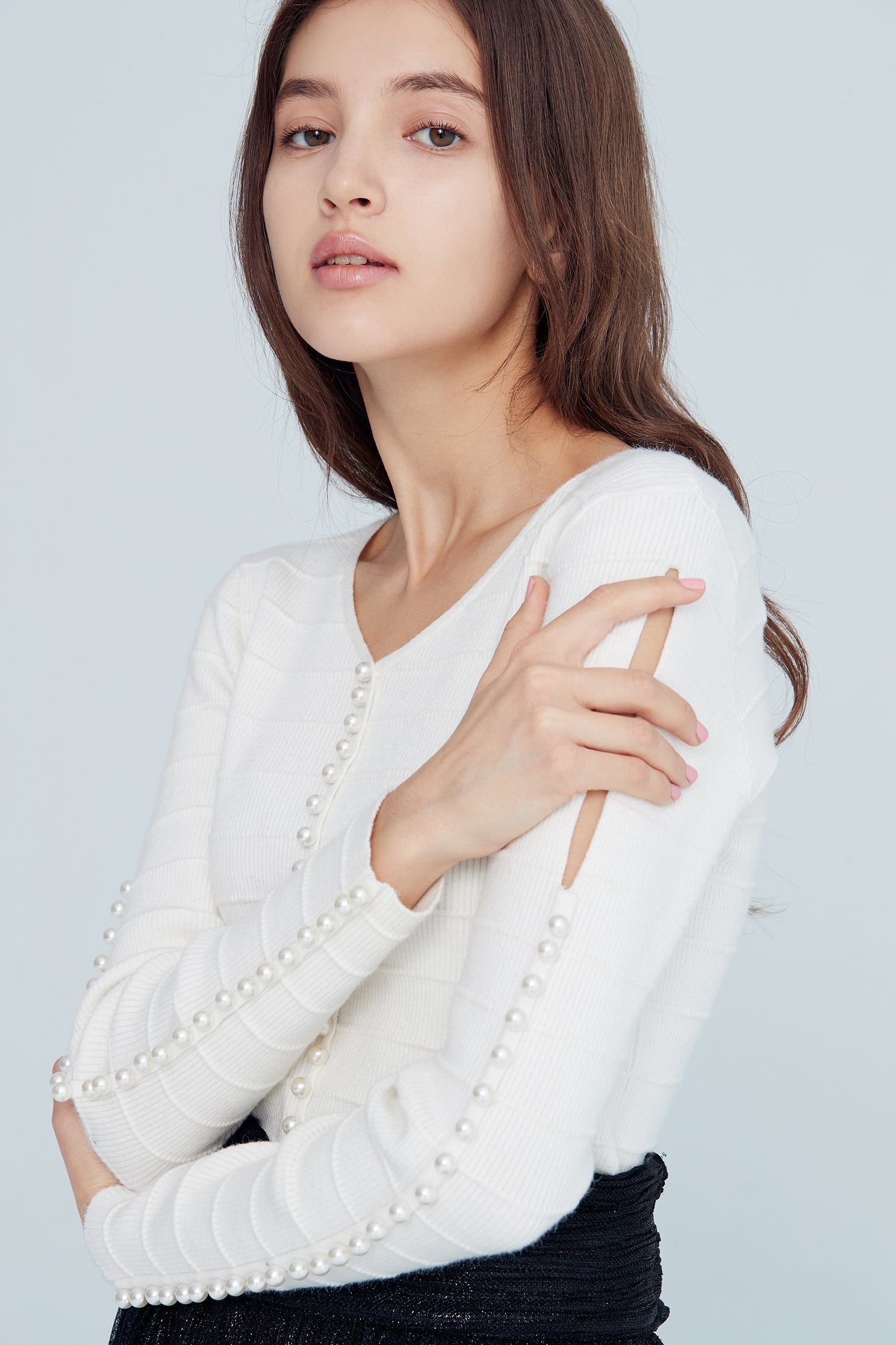 Stereoscopic crease top,top,whitetop,knittedtop,longsleevetop