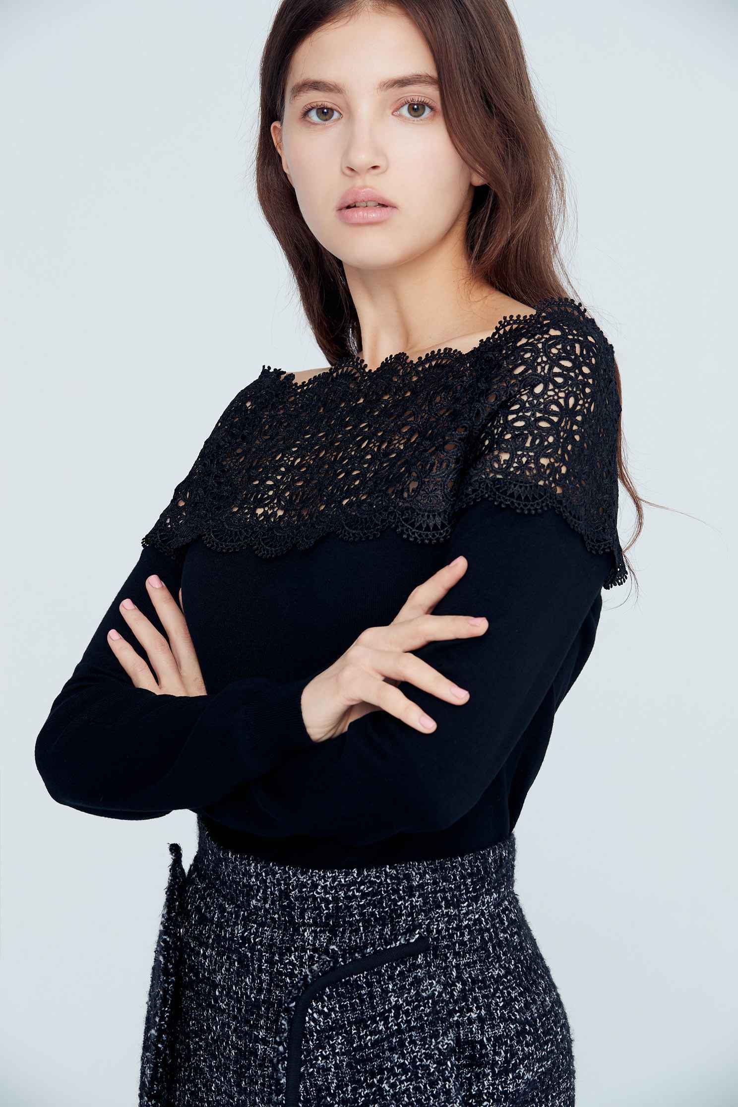 Elegant lace top,Top,Rayon,Lace,Laced Top,knitting,Knitted top,Knitted Top,長袖上衣,黑色上衣