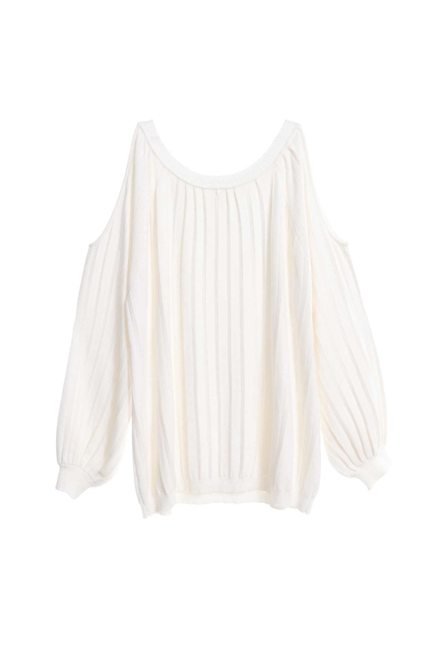 Pleated hollow knitting top,top,shouldercuttop,whitetop,knitting,knittedtop,knittedtop,longsleevetop,girlfriendsspringtour