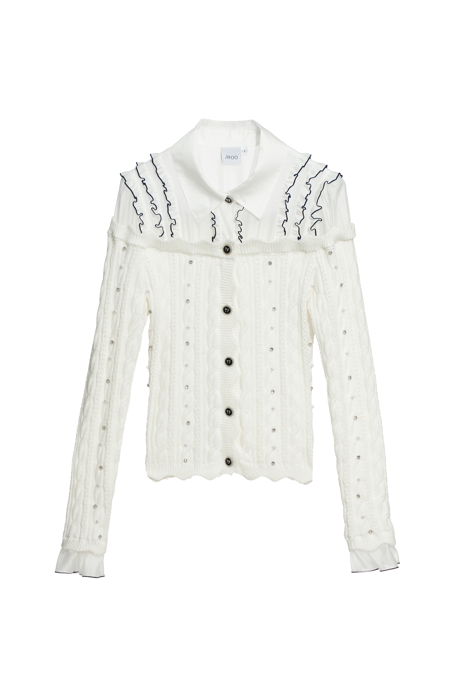 鑲色邊荷葉針織上衣鑲色邊荷葉針織上衣,上衣,人氣商品,珍珠,白色上衣,秋冬穿搭,荷葉,蝴蝶結,針織,針織衫