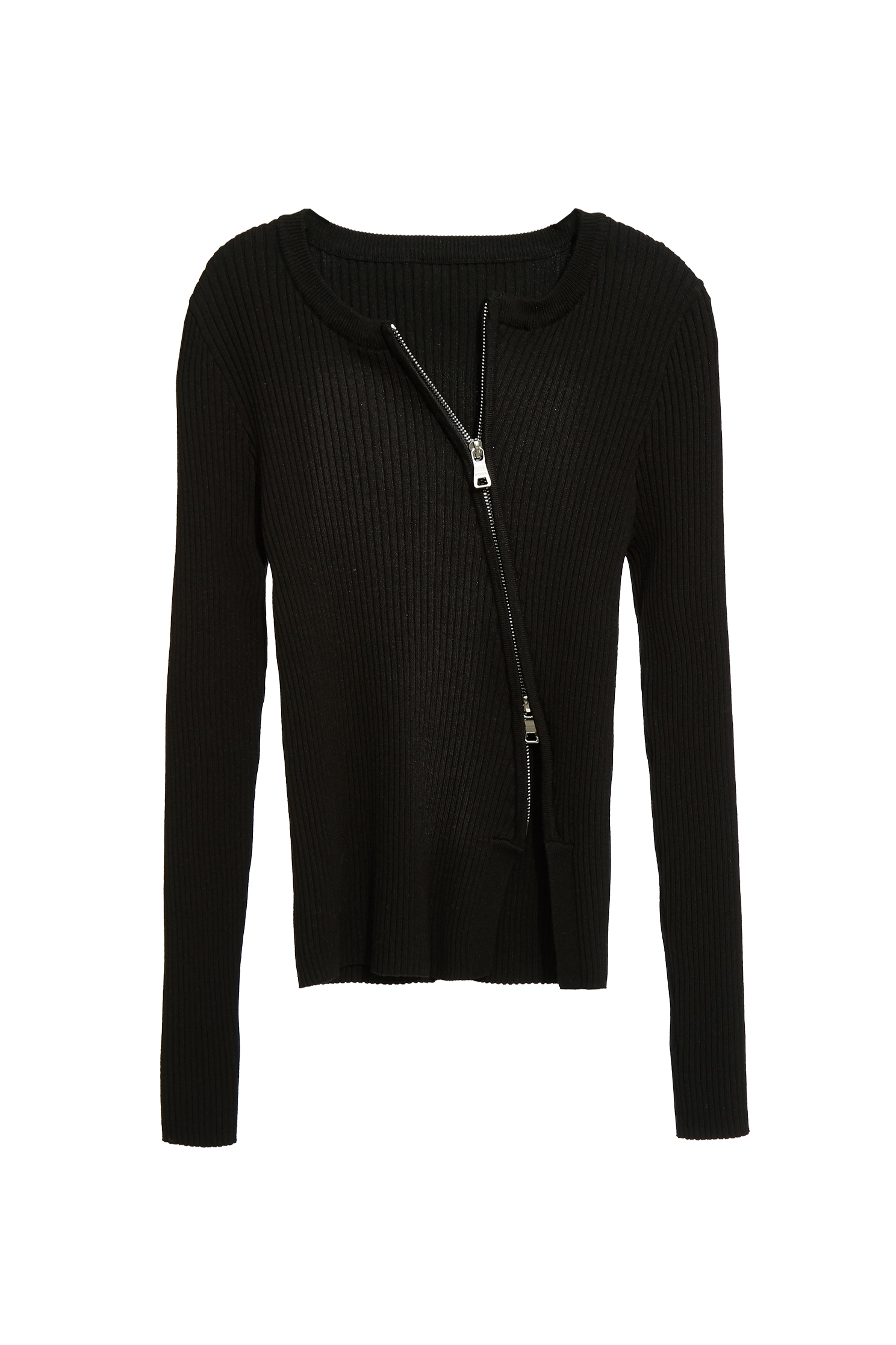 極致黑不對稱前拉鍊長袖上衣極致黑不對稱前拉鍊長袖上衣,上衣,人氣商品,秋冬穿搭,針織,針織衫,黑色上衣