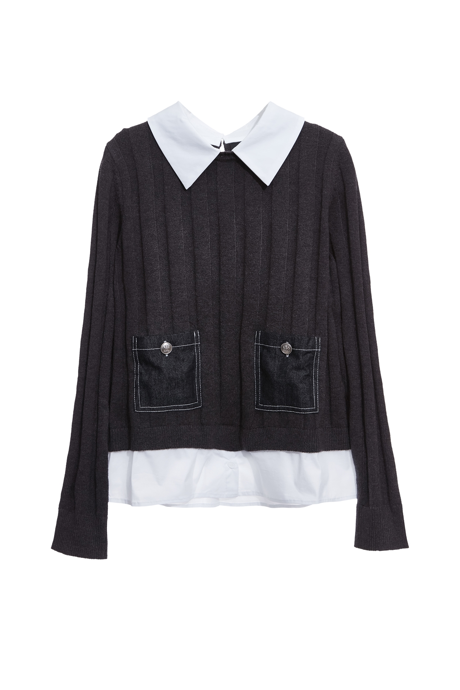 靜謐灰假兩件針織上衣靜謐灰假兩件針織上衣,上班OL穿搭,上衣,人氣商品,條紋,秋冬穿搭,簡約穿搭,約會特輯,襯衫,針織,針織上衣,針織衫