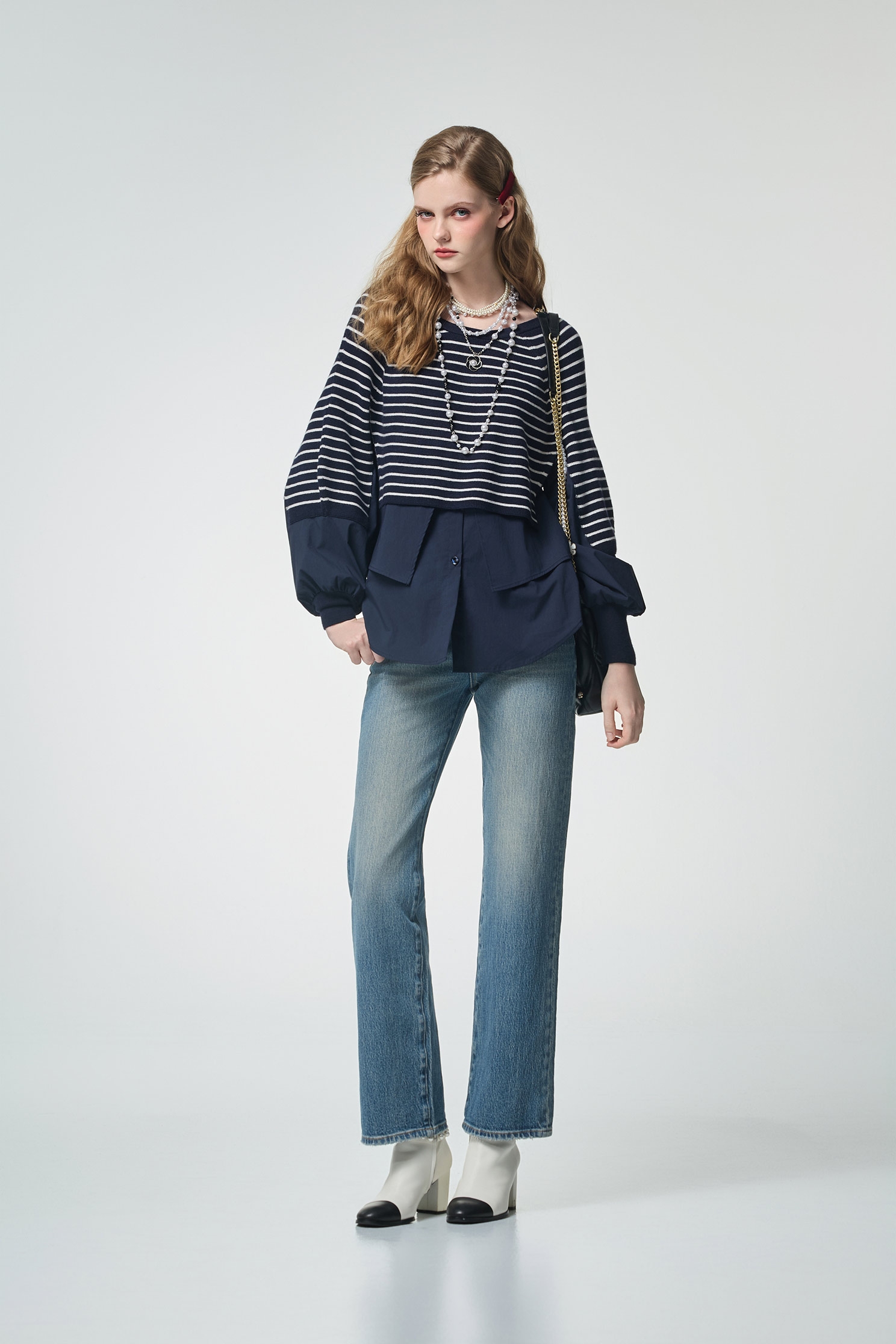 午夜藍異材質拼接針織上衣午夜藍異材質拼接針織上衣,上衣,條紋,秋冬穿搭,針織,針織衫