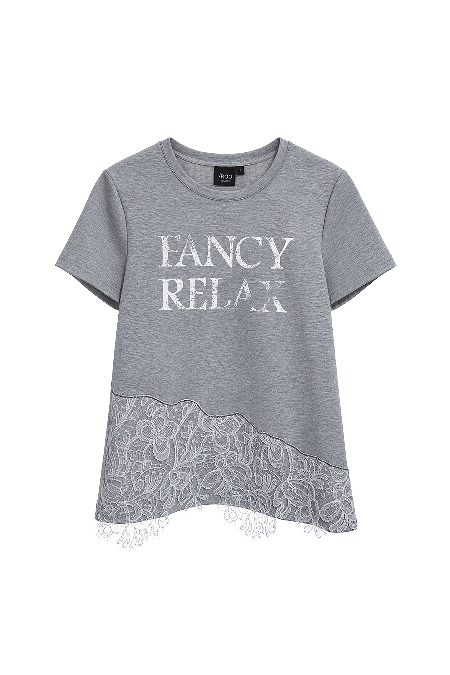 花紗灰不規則拼接蕾絲上衣花紗灰不規則拼接蕾絲上衣,T-Shirts,圓領上衣,女裝上衣,摩登灰調,秋冬穿搭,純棉,蕾絲
