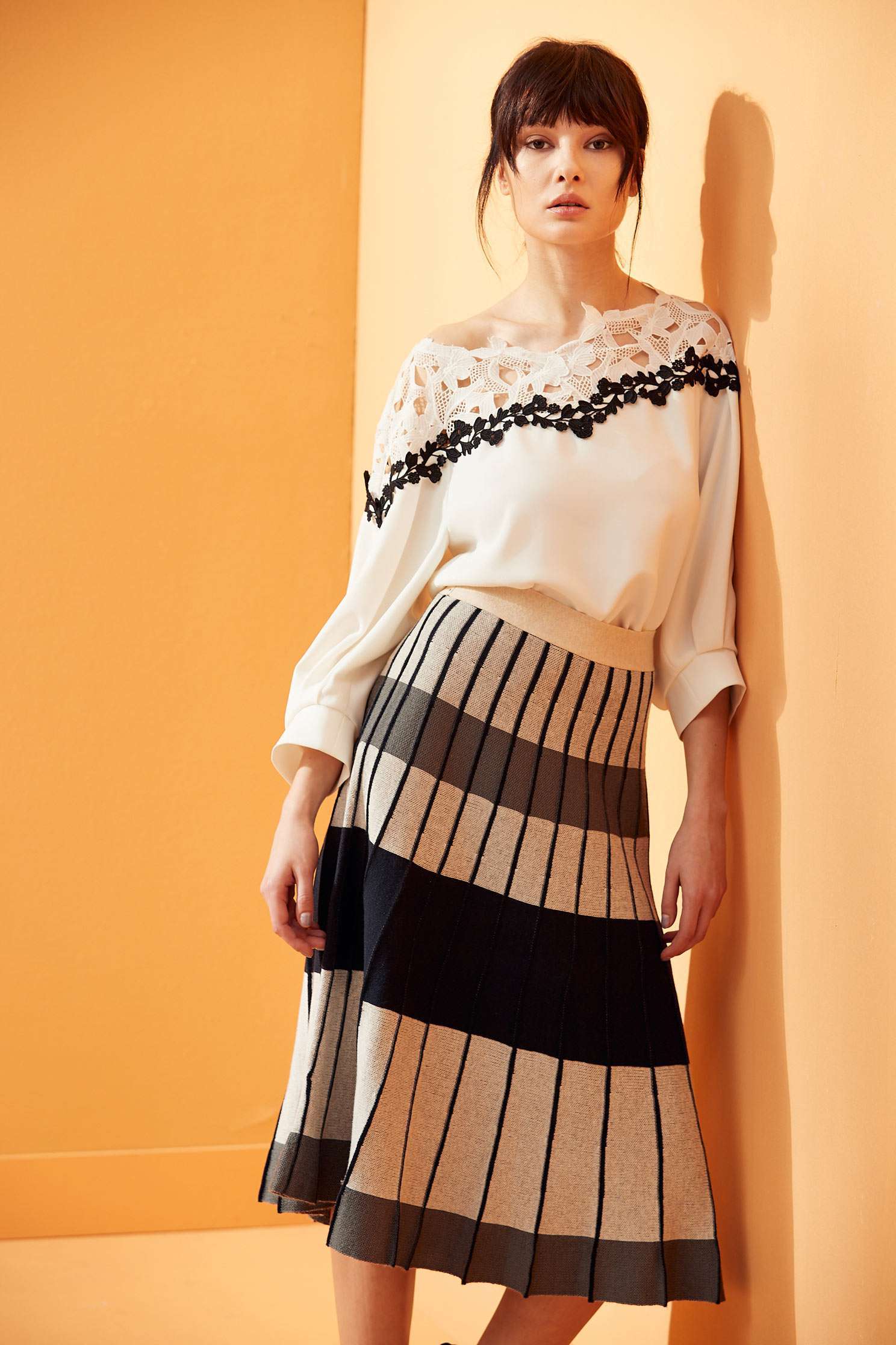 Micro-transparent stitching top,3/4sleevetop,top,whitetop