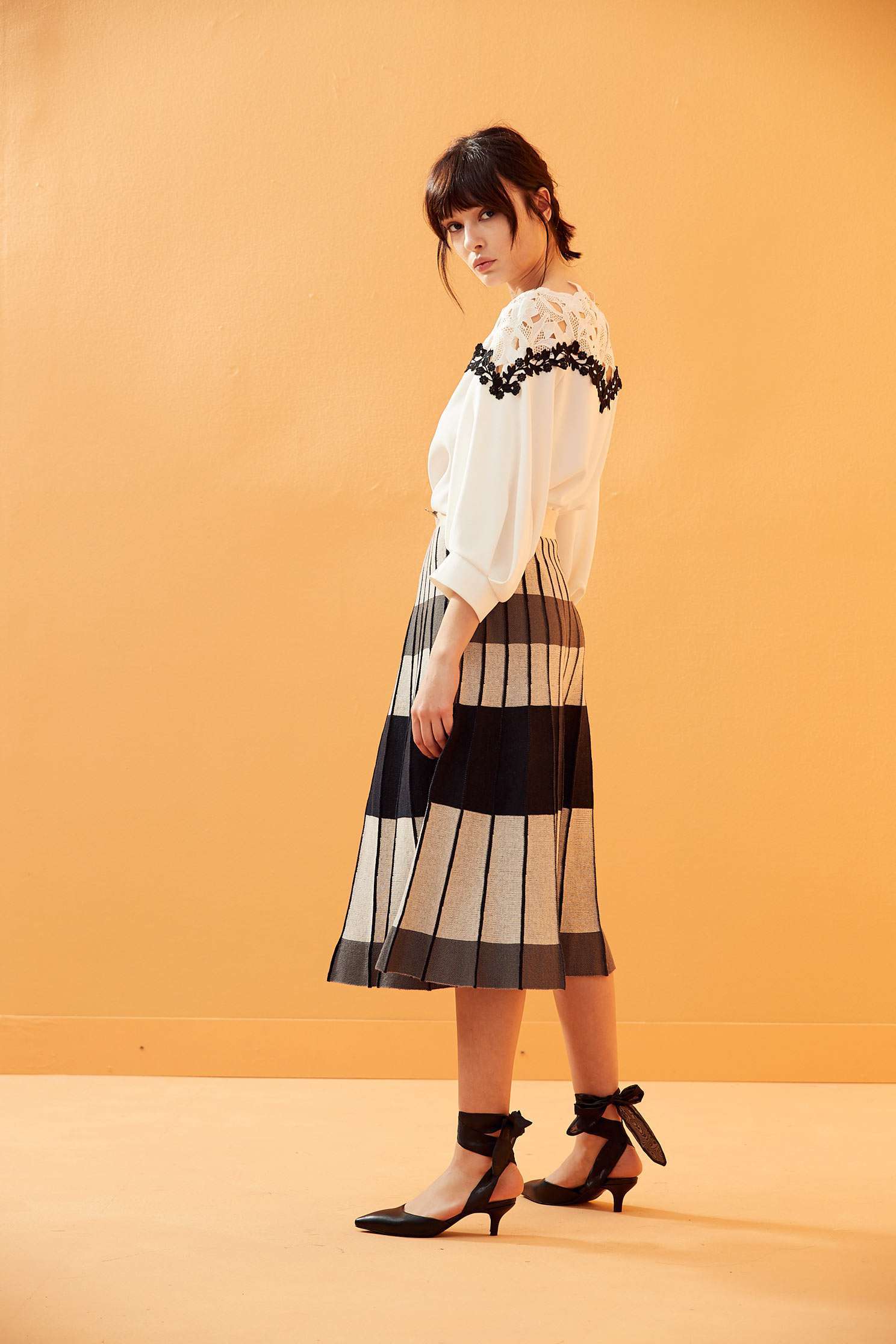 Micro-transparent stitching top,3/4sleevetop,top,whitetop
