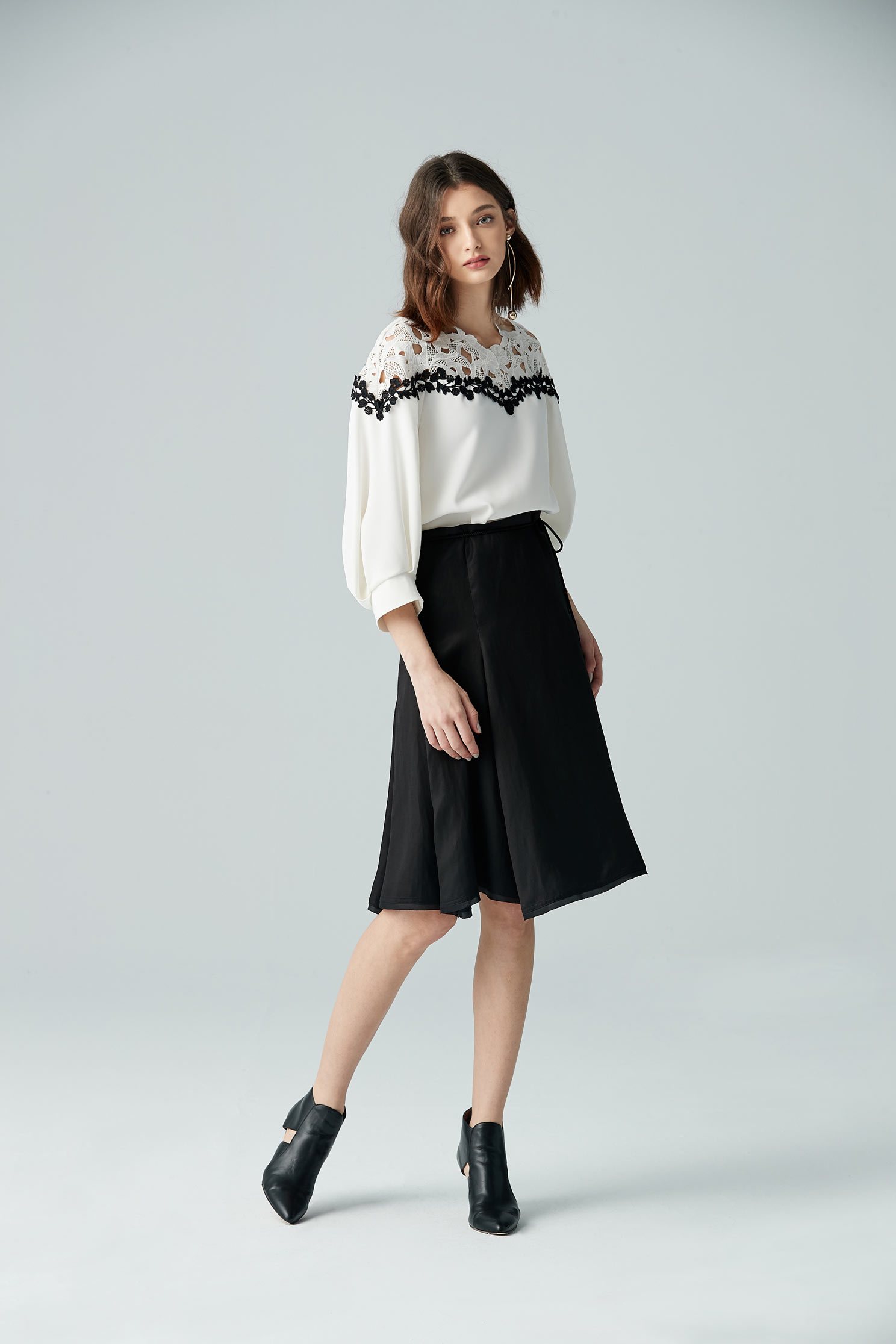 Micro-transparent stitching top,3/4sleevetop,top,whitetop