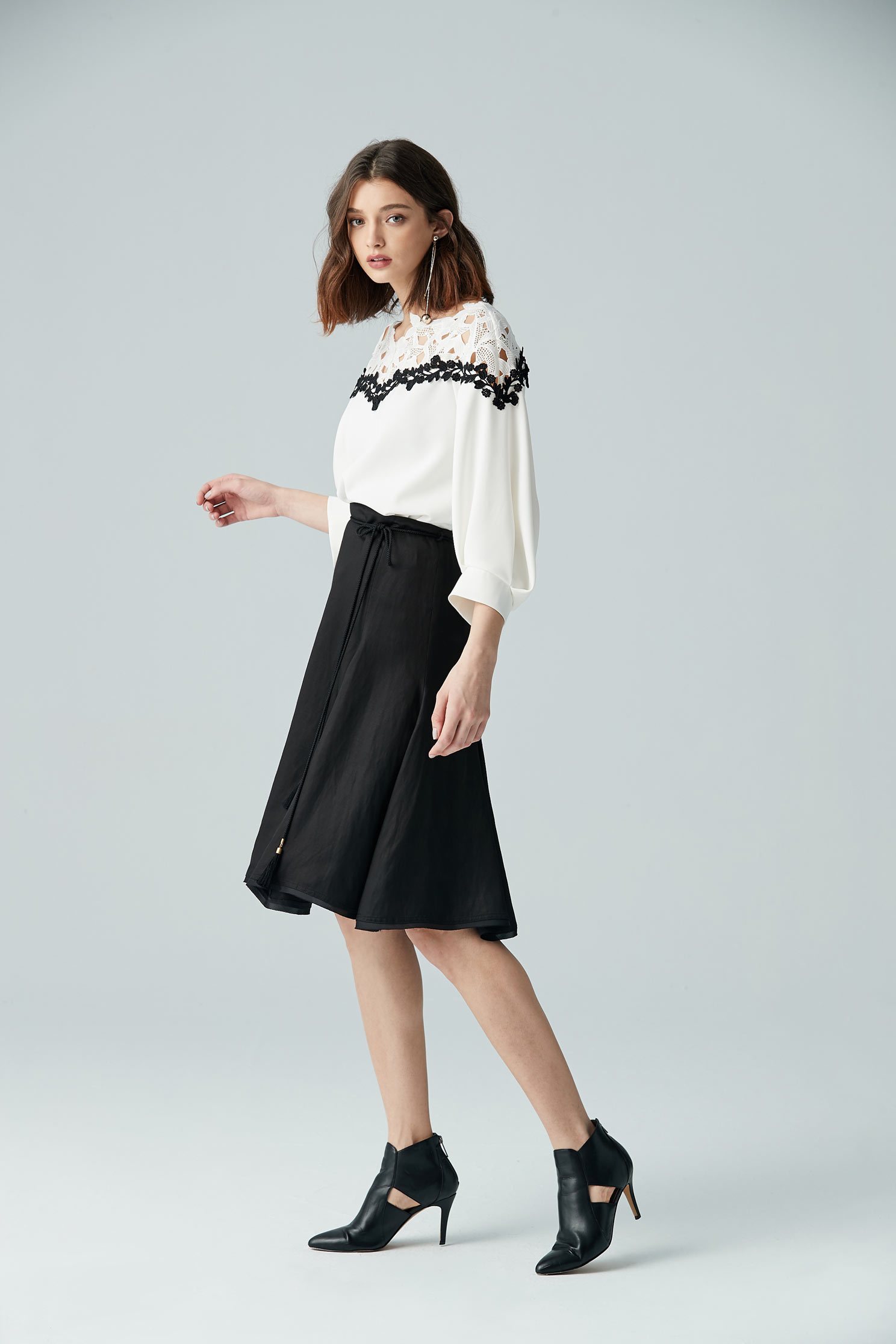 Micro-transparent stitching top,3/4sleevetop,top,whitetop