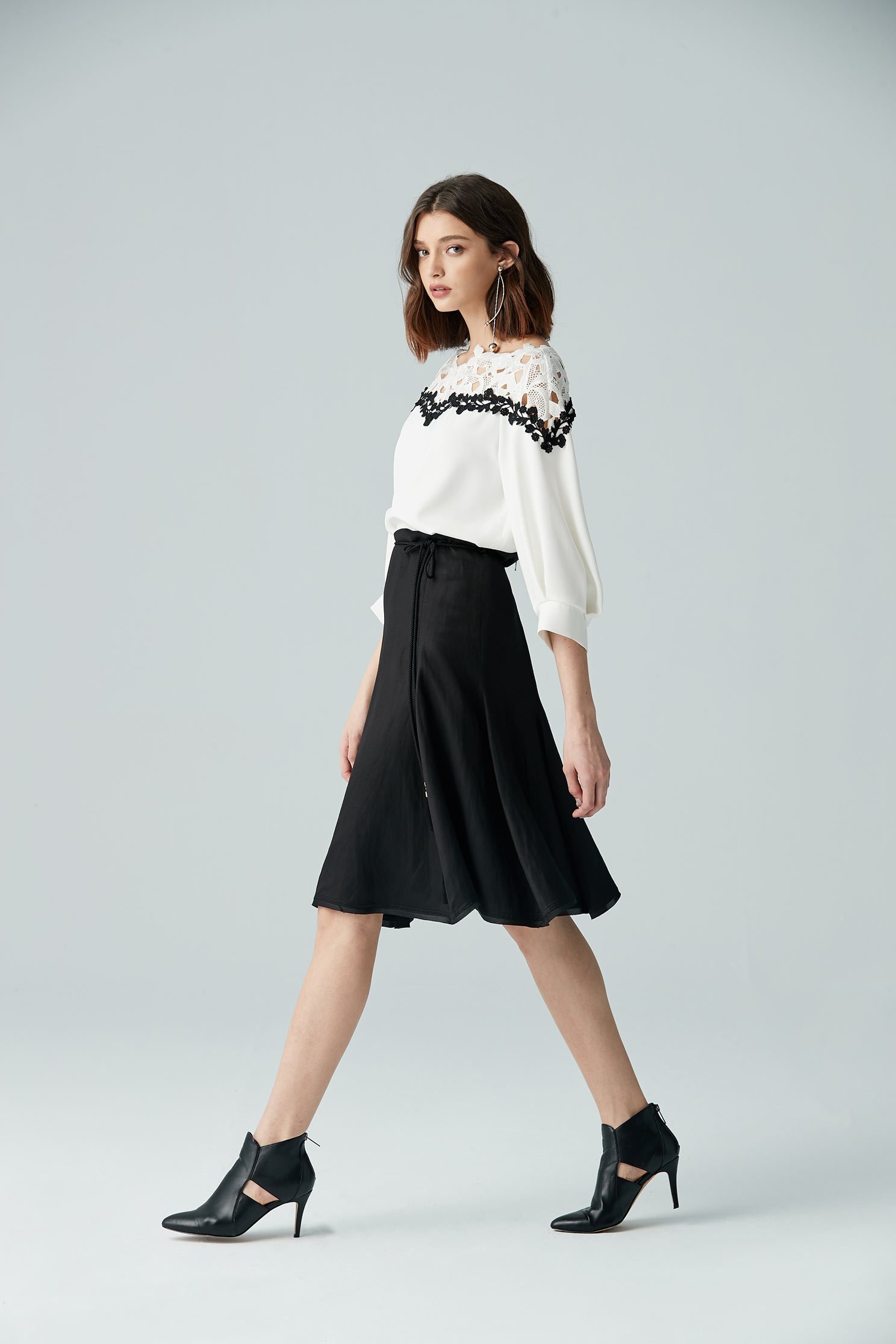 Micro-transparent stitching top,3/4sleevetop,top,whitetop