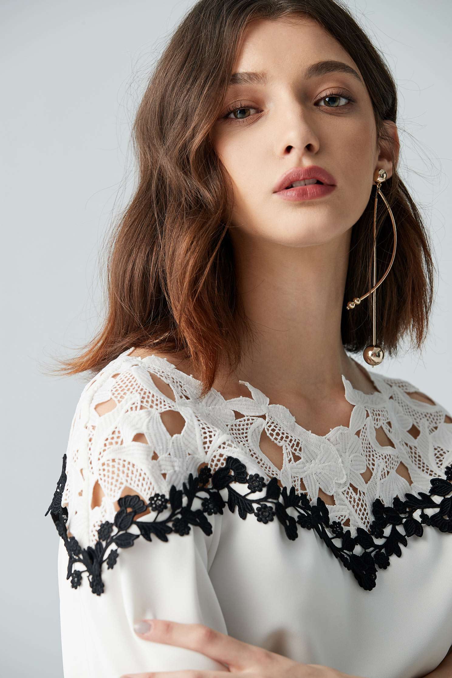 Micro-transparent stitching top,3/4sleevetop,top,whitetop