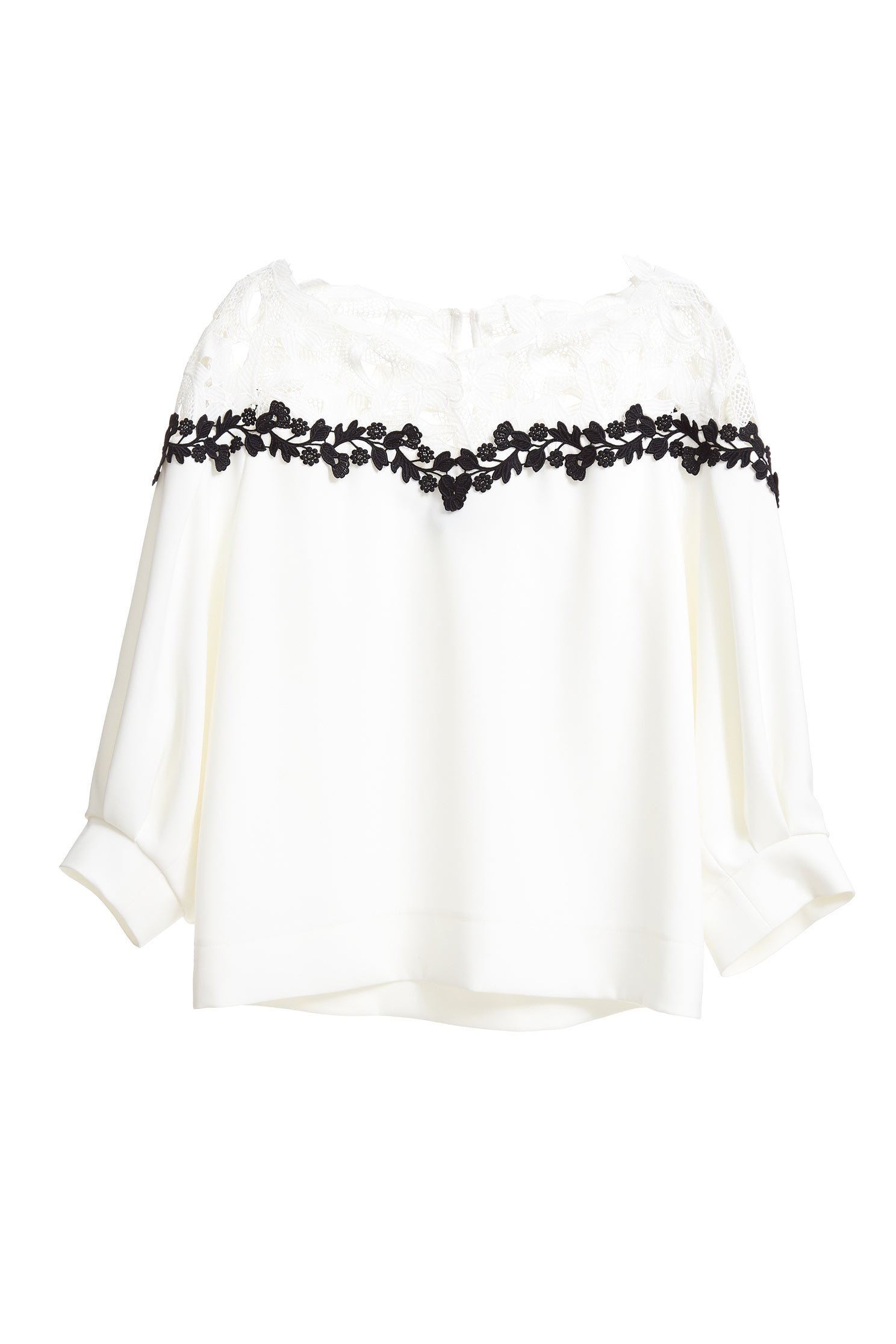 Micro-transparent stitching top,3/4sleevetop,top,whitetop
