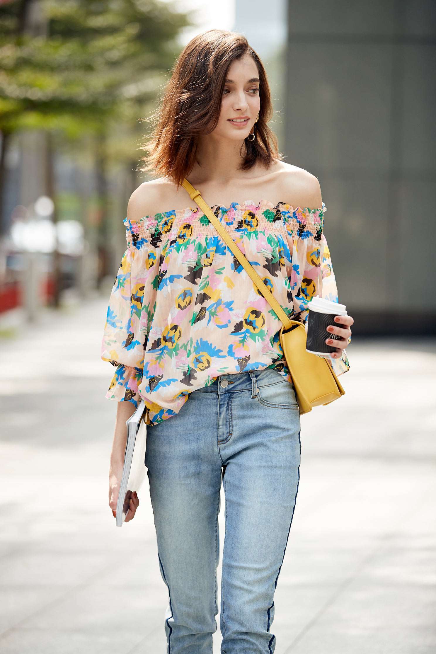 Floral chiffon long sleeve top,offshouldertop,3/4sleevetop,top,offshouldertop,i-select,longsleevetop,chiffon,chiffontop