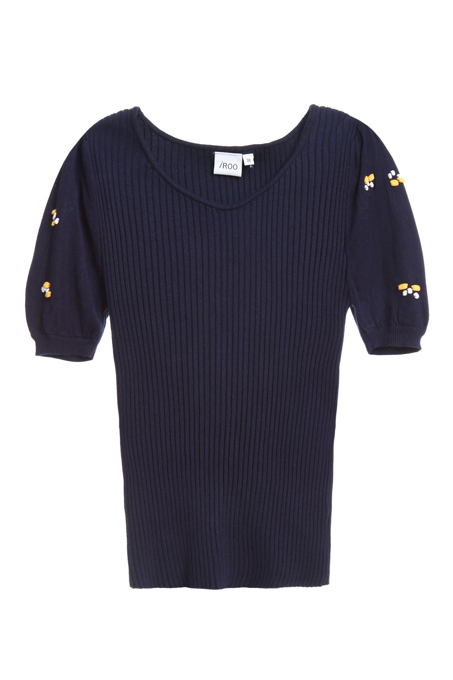 Knitted flower short-sleeved top,top,roundnecktop,puffsleevetop,shortsleevetop,knitting,knittedtop,knittedtop
