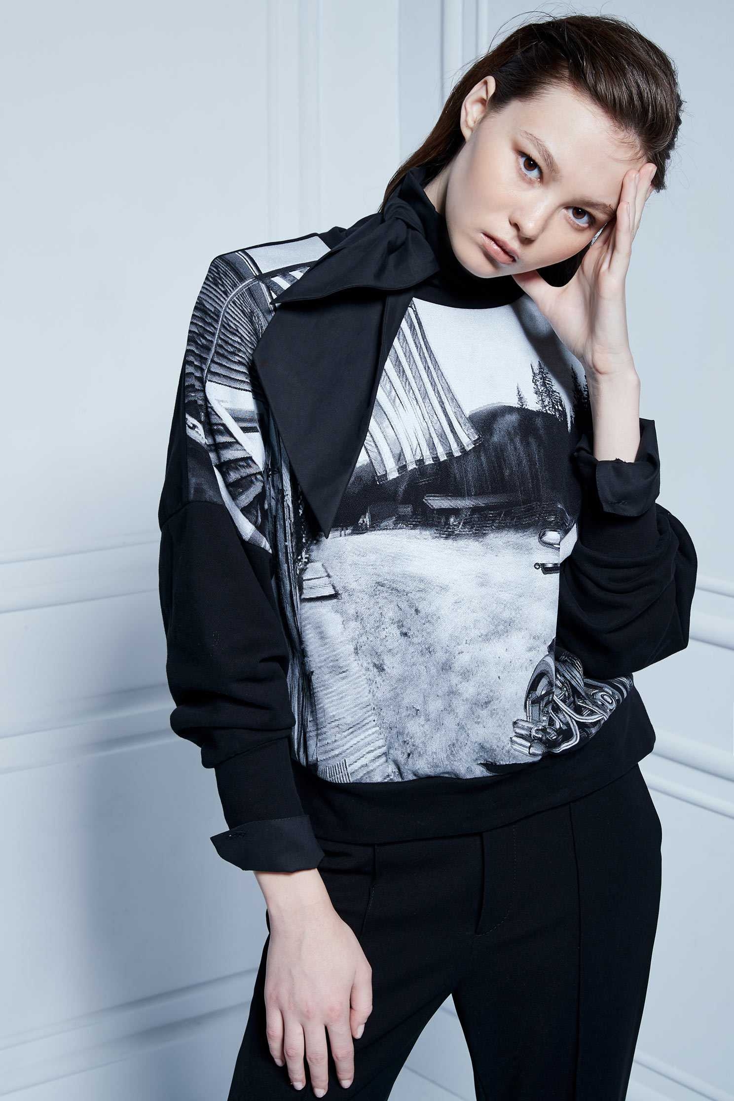 Black and white printed clothing,T-Shirt,圓領上衣,Cotton,長袖上衣