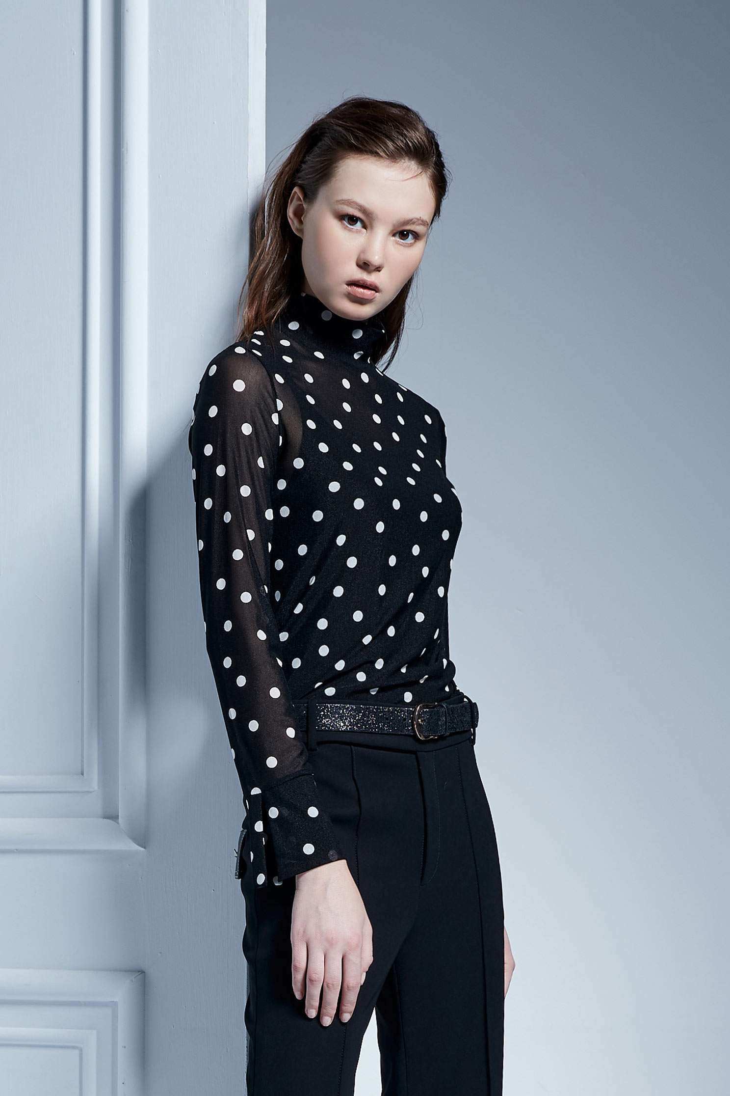 Large polka dot high-necked long-sleeved top,Top,透膚上衣,長袖上衣,Turtleneck top,黑色上衣