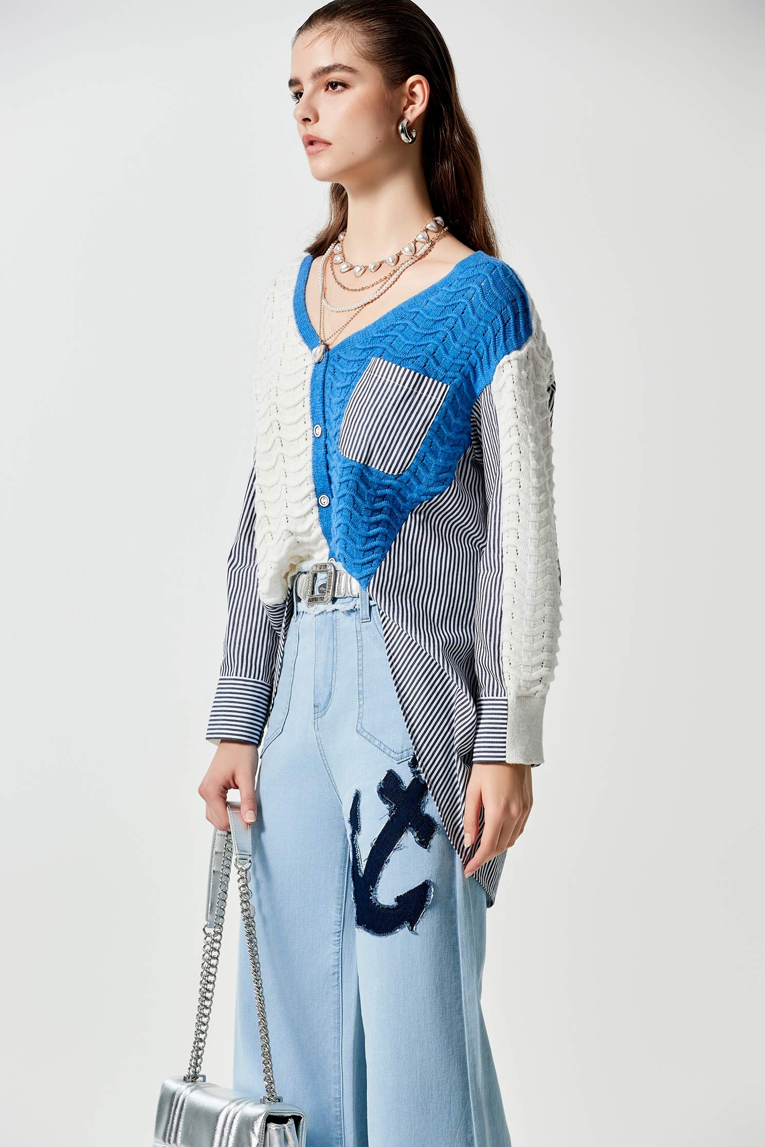跳色波浪挑洞針織拼襯衫上衣跳色波浪挑洞針織拼襯衫上衣,上衣,春夏穿搭,條紋,針織,針織衫,長版襯衫