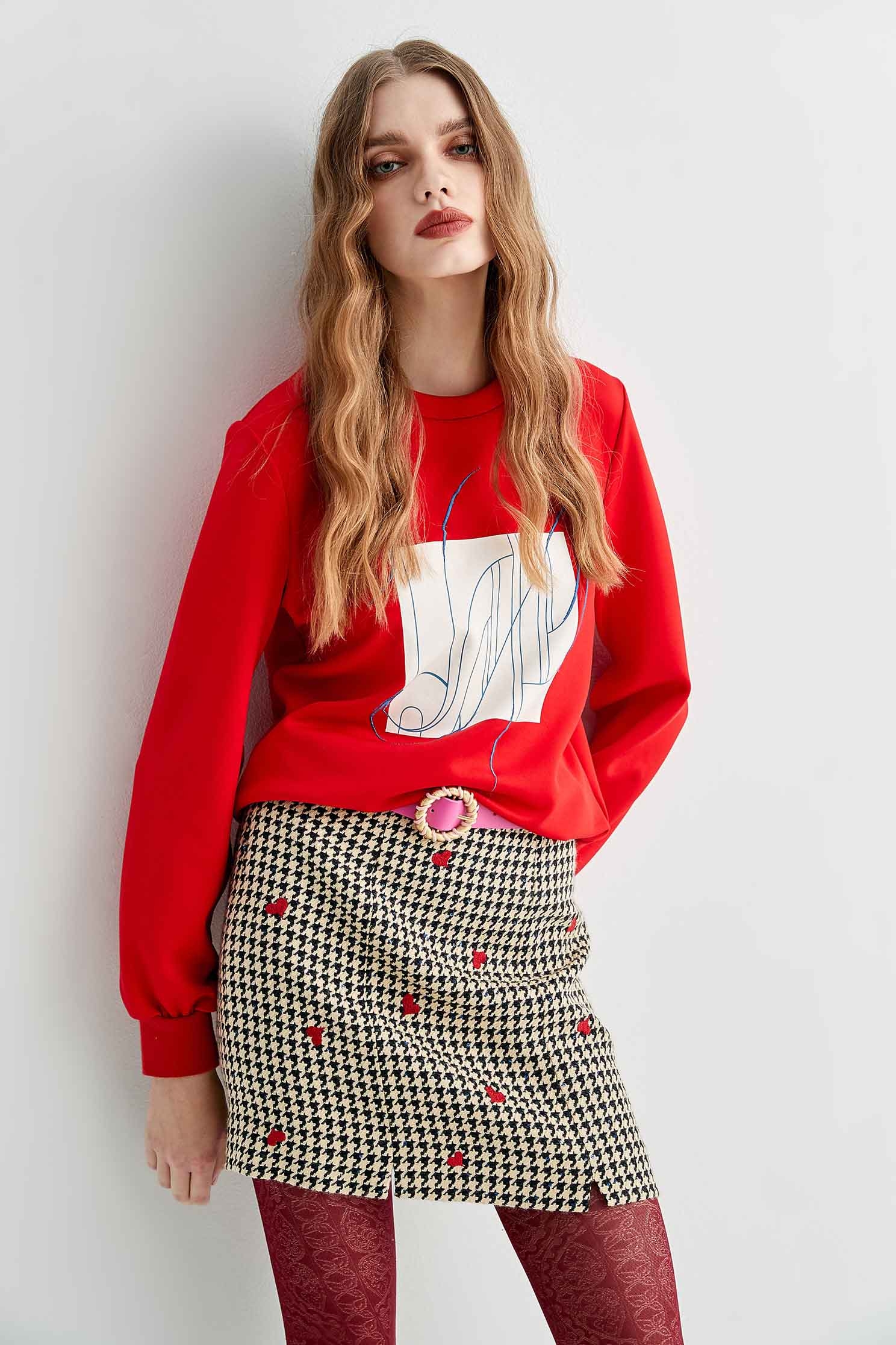 Embroidered printed red guard,top,embroidery,embroideredtop,roundnecktop,embroidered,embroideredtop,longsleevetop