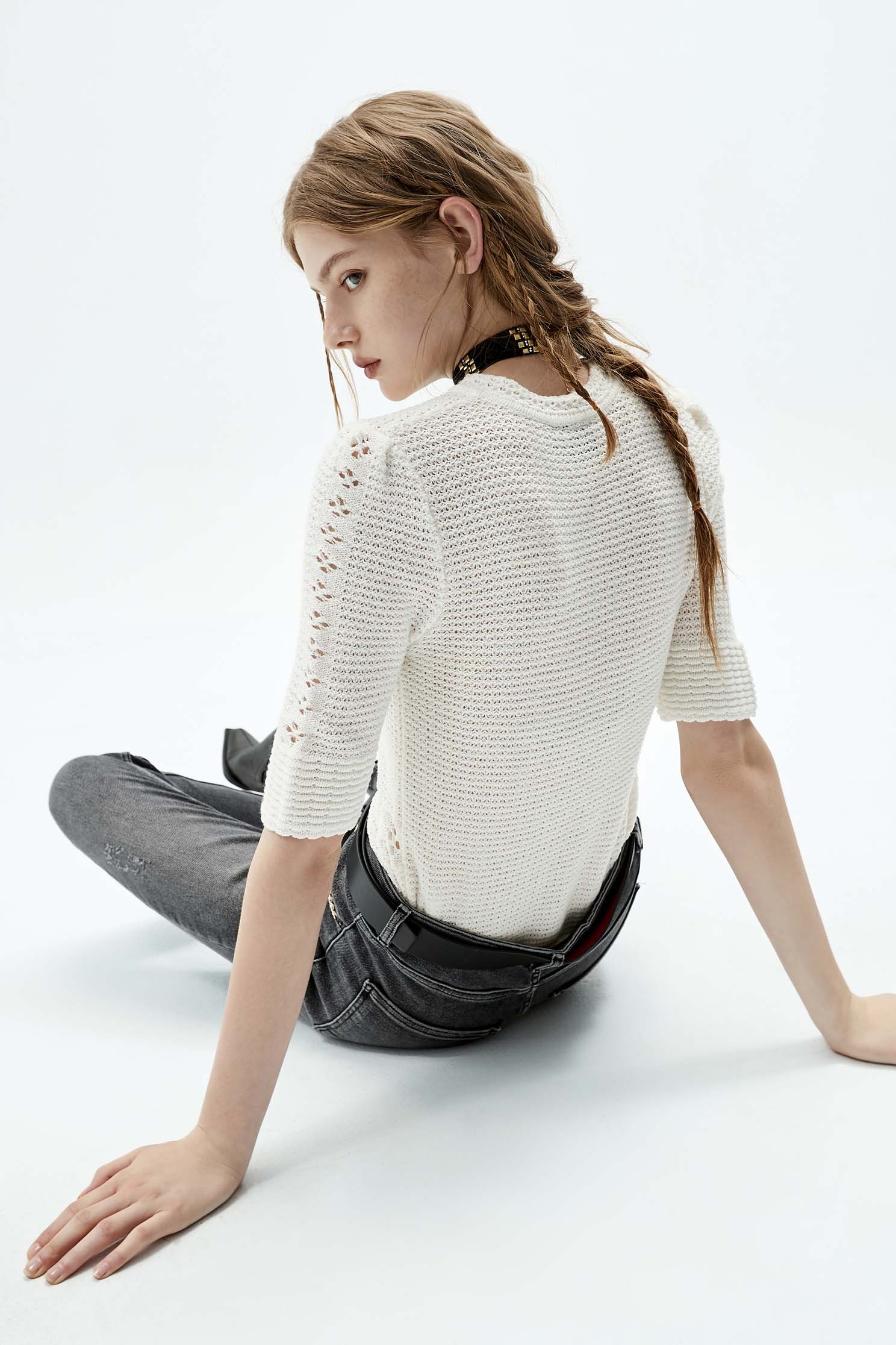 Imitation hand hook five-sleeve knit shirt,top,elbowsleevetop,whitetop,shortsleevetop,knitting,knittedtop,knittedtop,turtlenecktop