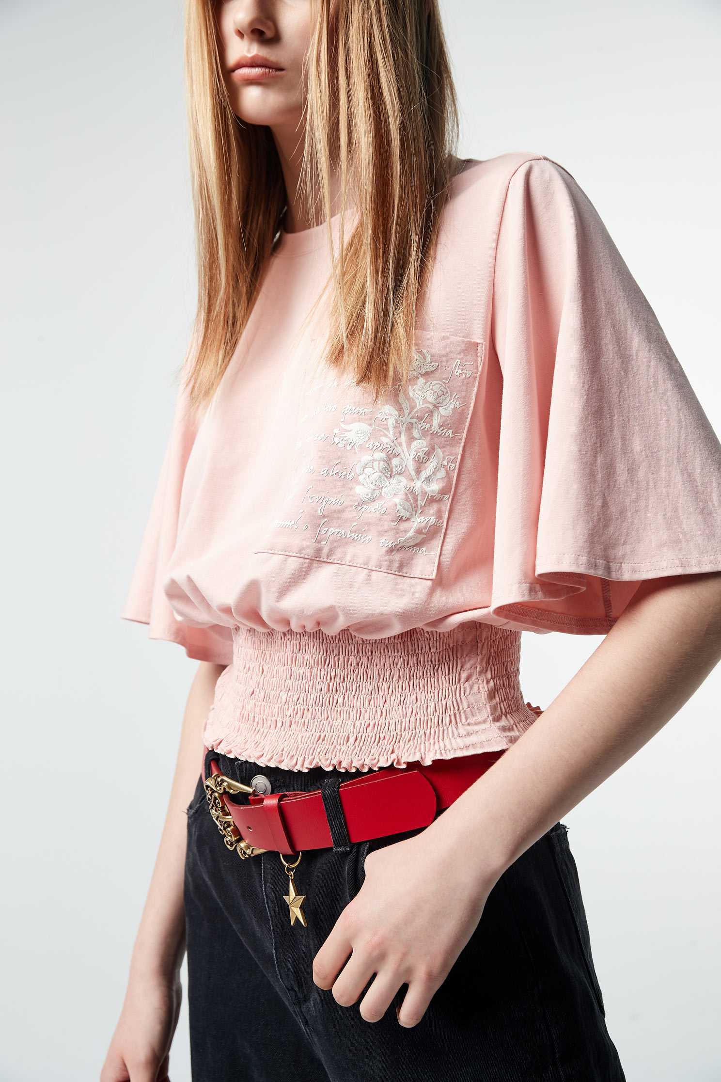Wide-sleeve pocket embroidered jacket,top,embroidery,embroideredtop,roundnecktop,shortsleevetop,cotton,i-select,embroidered,embroideredtop,girlfriendsspringtour