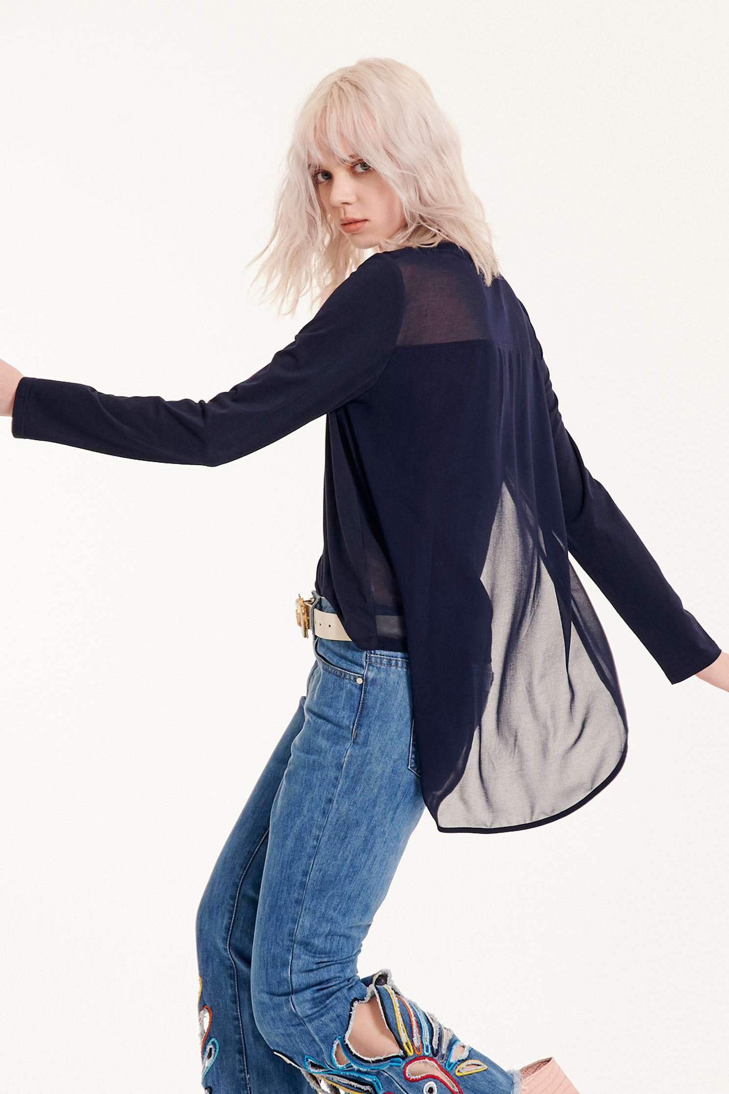 Navy Textured Top,top,roundnecktop,see-throughtop,longsleevetop,chiffon,chiffontop