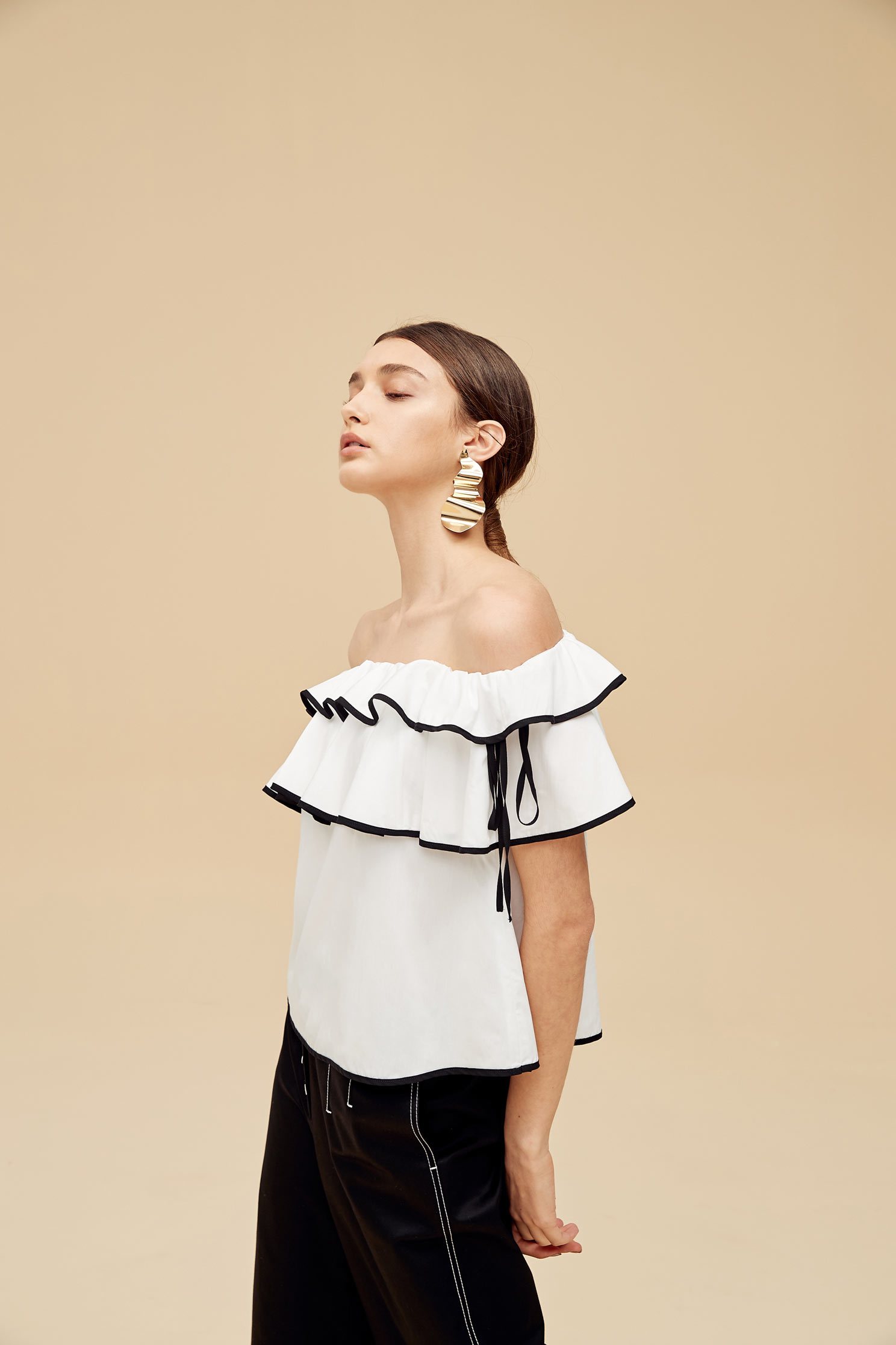Stringy selvedge top,Off shoulder Top,Top,Rayon,Off Shoulder Top,白色上衣,短袖上衣