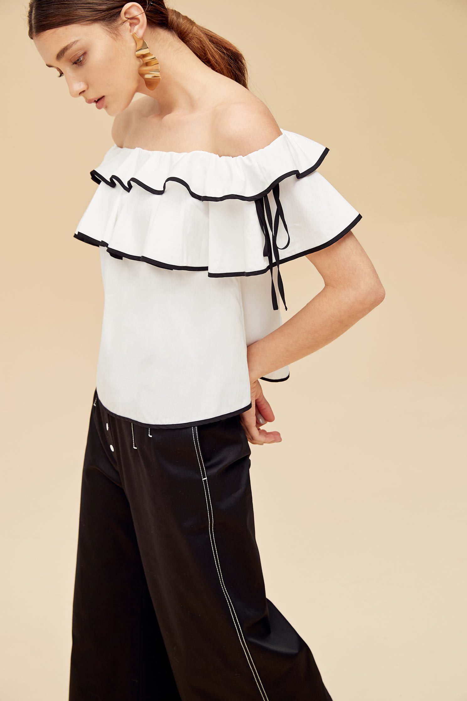 Stringy selvedge top,Off shoulder Top,Top,Rayon,Off Shoulder Top,白色上衣,短袖上衣