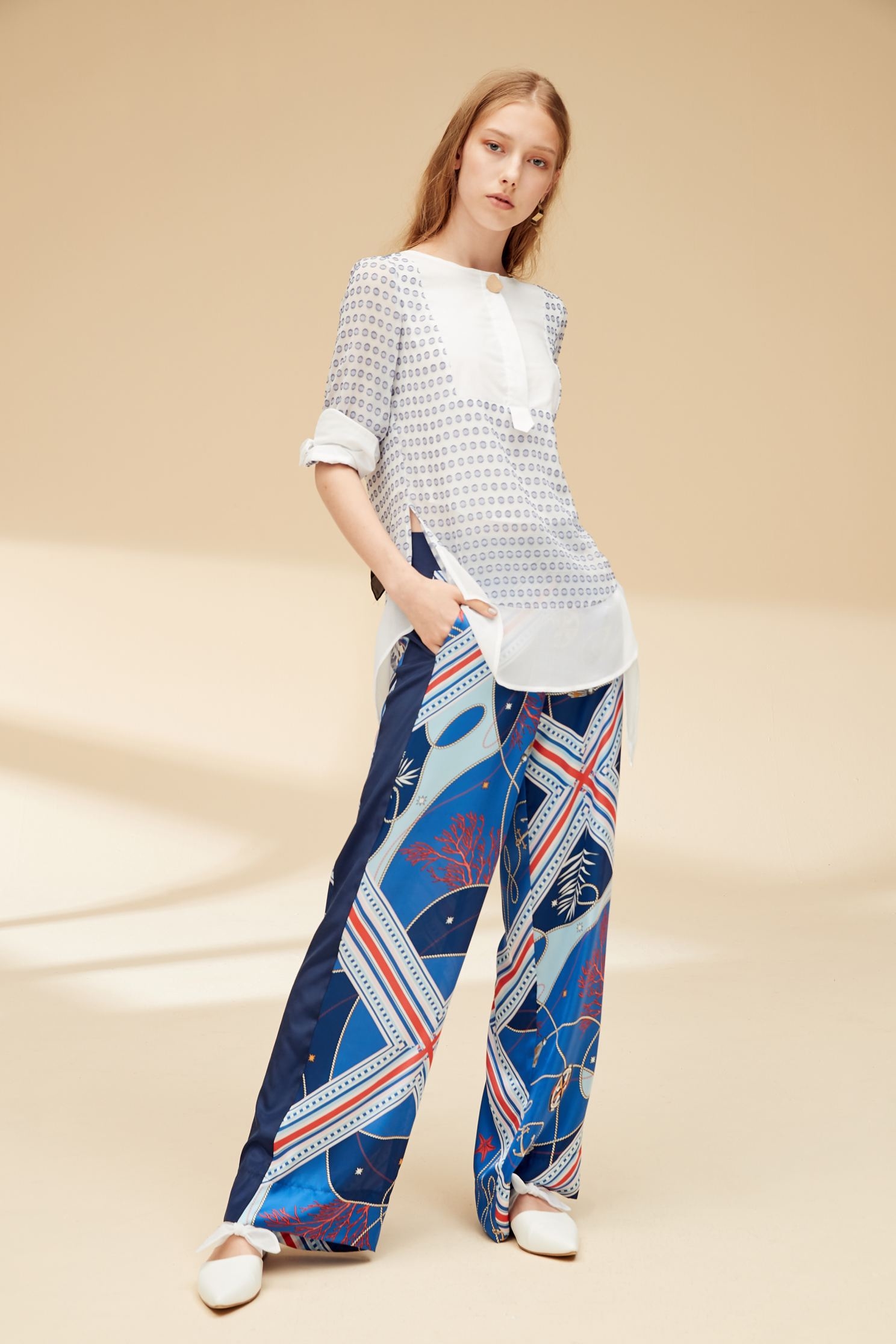 Splicing dot classic top,top,elbowsleevetop,roundnecktop,blouse,see-throughtop,longtop,chiffon,chiffontop