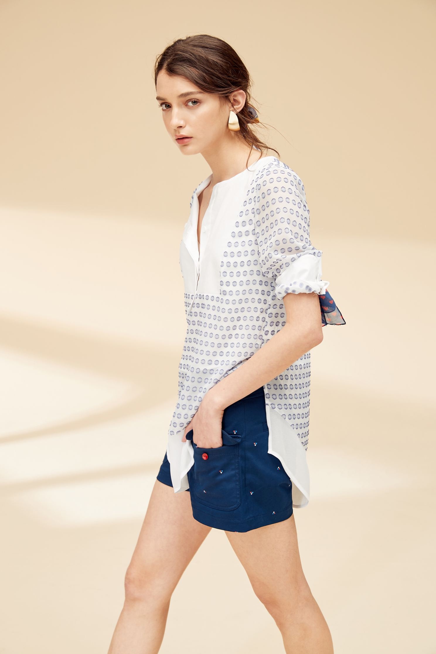Splicing dot classic top,top,elbowsleevetop,roundnecktop,blouse,see-throughtop,longtop,chiffon,chiffontop