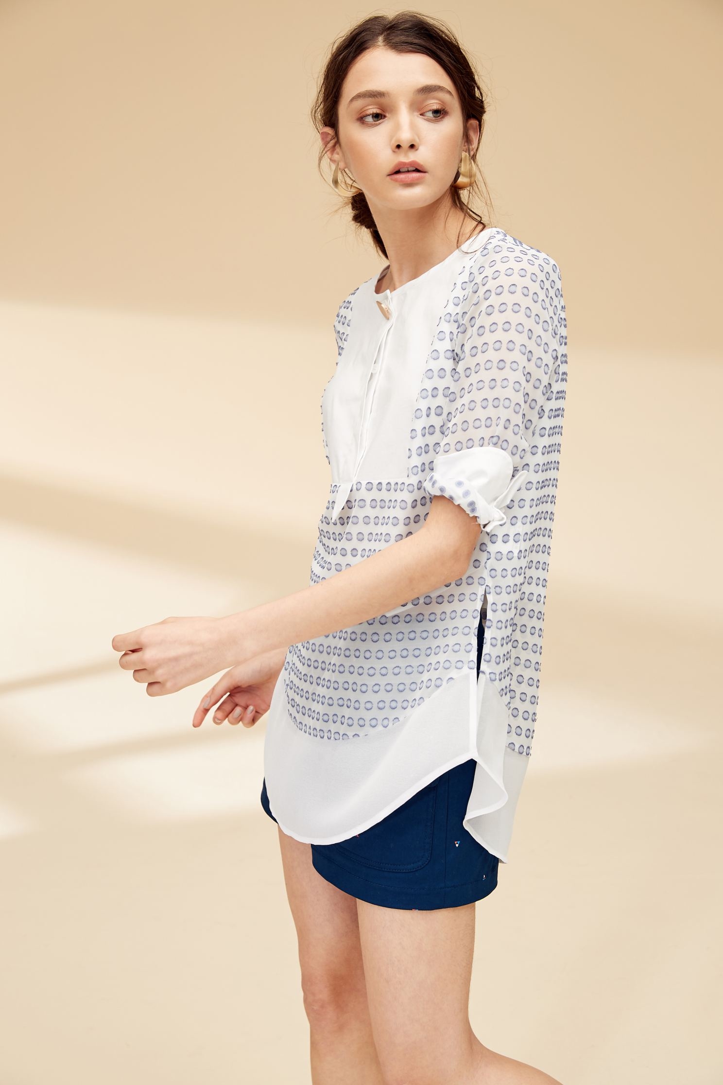 Splicing dot classic top,top,elbowsleevetop,roundnecktop,blouse,see-throughtop,longtop,chiffon,chiffontop
