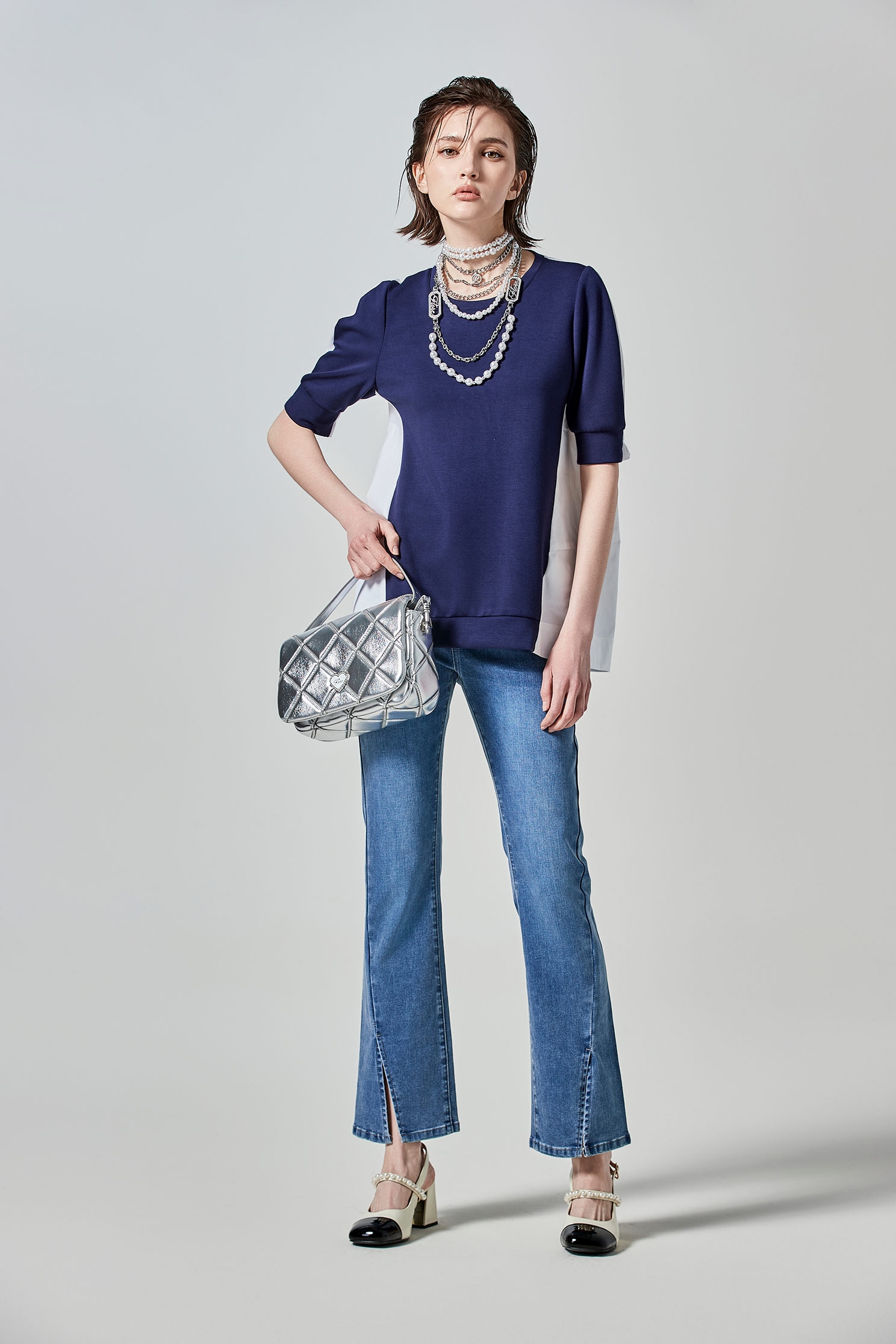 空氣布剪接襯衫布繭型上衣空氣布剪接襯衫布繭型上衣,上衣,春夏穿搭,白色上衣