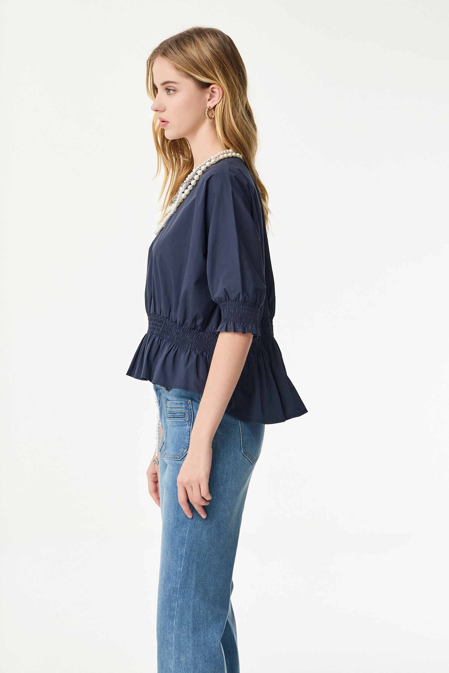 午夜藍縮腰短袖單品上衣午夜藍縮腰短袖單品上衣,上衣,春夏穿搭,約會特輯,純棉,襯衫