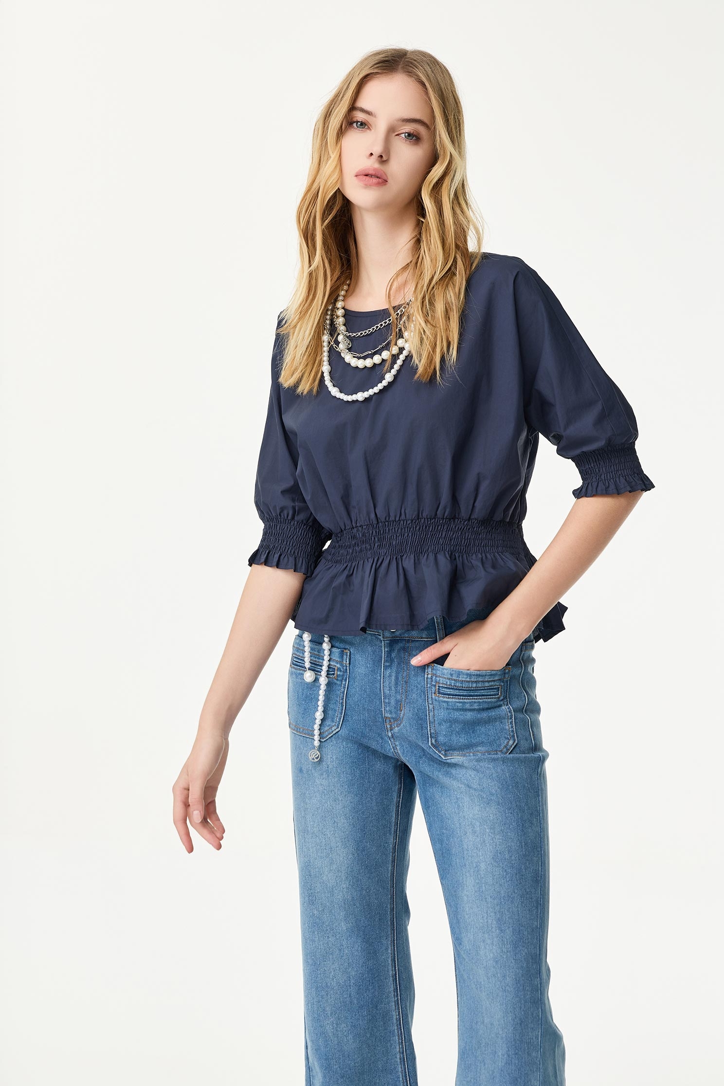 午夜藍縮腰短袖單品上衣午夜藍縮腰短袖單品上衣,上衣,春夏穿搭,約會特輯,純棉,襯衫