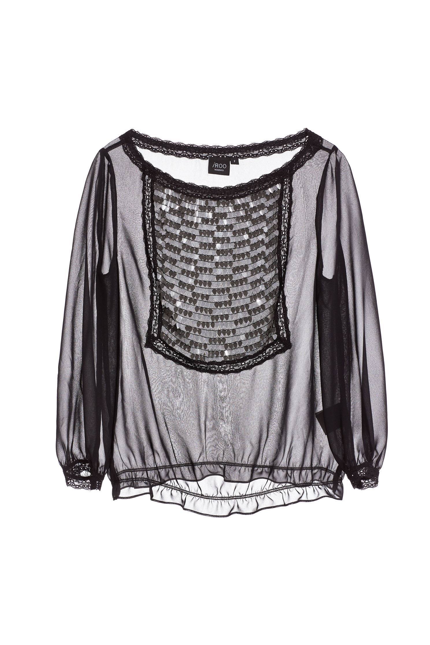Chest-length sequined long-sleeved top,Top,長袖上衣,Chiffon,Chiffon top,黑色上衣
