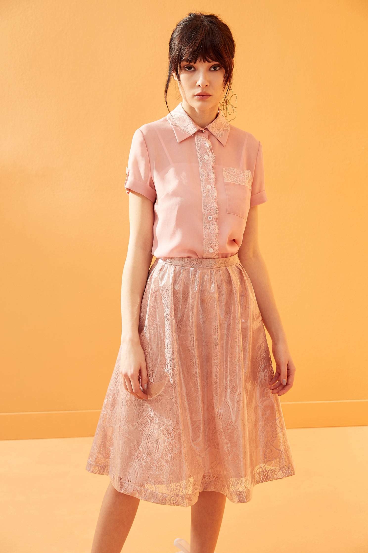 Lace micro-transparent short-sleeved top,top,shortsleevetop,lace,lacedtop,blouse,see-throughtop