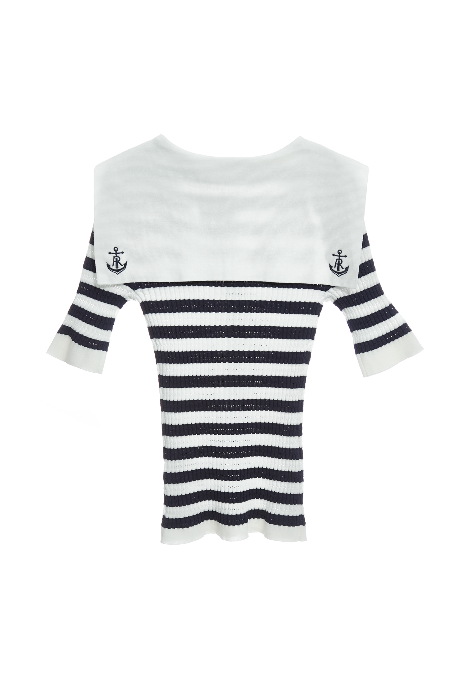 海軍藍白條披領針織上衣海軍藍白條披領針織上衣,上衣,春夏穿搭,條紋,繡花,針織,針織衫