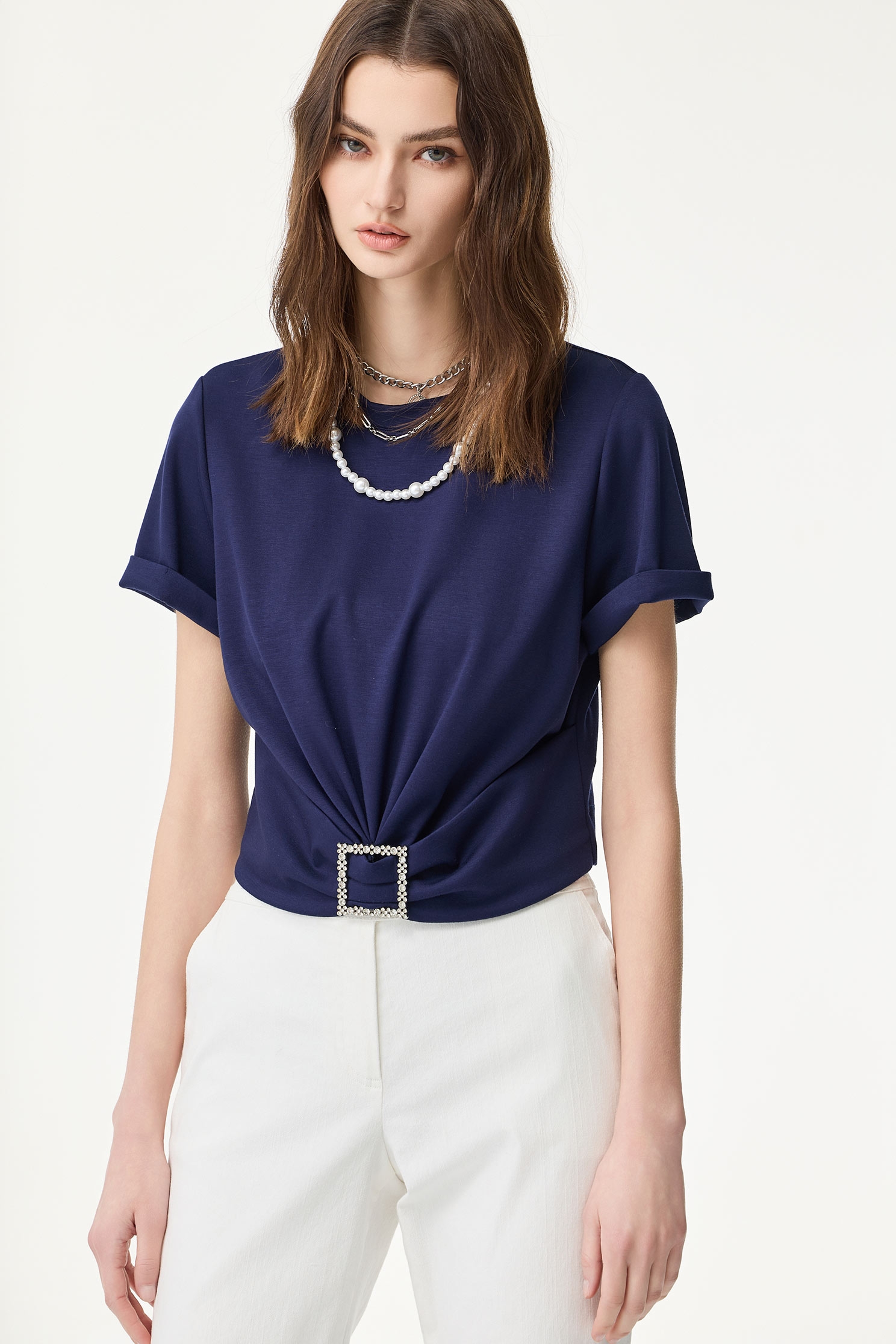 海軍牡丹藍鑽釦短版T海軍牡丹藍鑽釦短版T,上衣,春夏穿搭