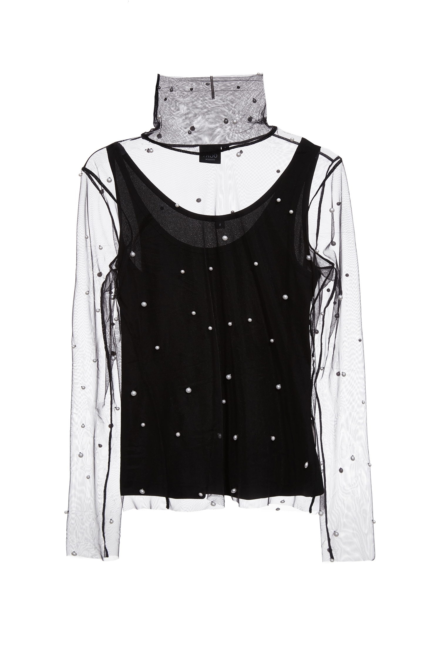 網布珍珠釘飾高領內搭網布珍珠釘飾高領內搭,上班OL穿搭,上衣,內搭上衣,春夏穿搭,派對特輯,珍珠,約會特輯,黑色上衣