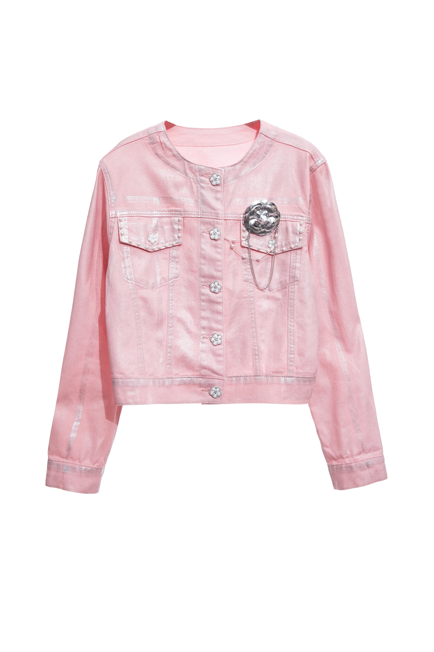 香囊粉覆膜牛仔外套香囊粉覆膜牛仔外套,丹寧,人氣商品,外套,時髦成套搭配,牛仔,牛仔外套,珍珠,秋冬穿搭,約會特輯,純棉,花花世界