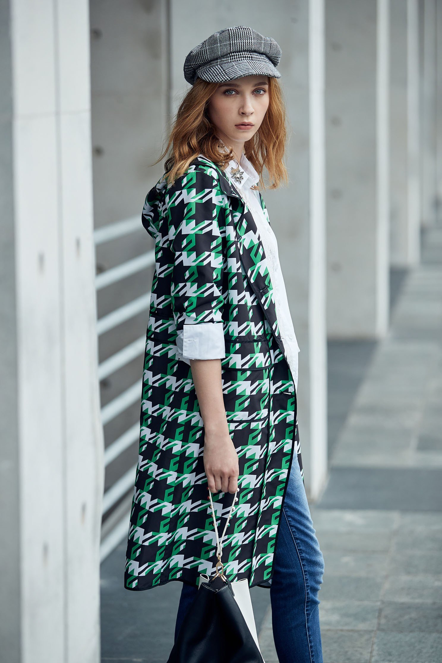 Houndstooth Pop Design Long Sleeve Jacket,outerwear,longcoat,longsleeveouterwear