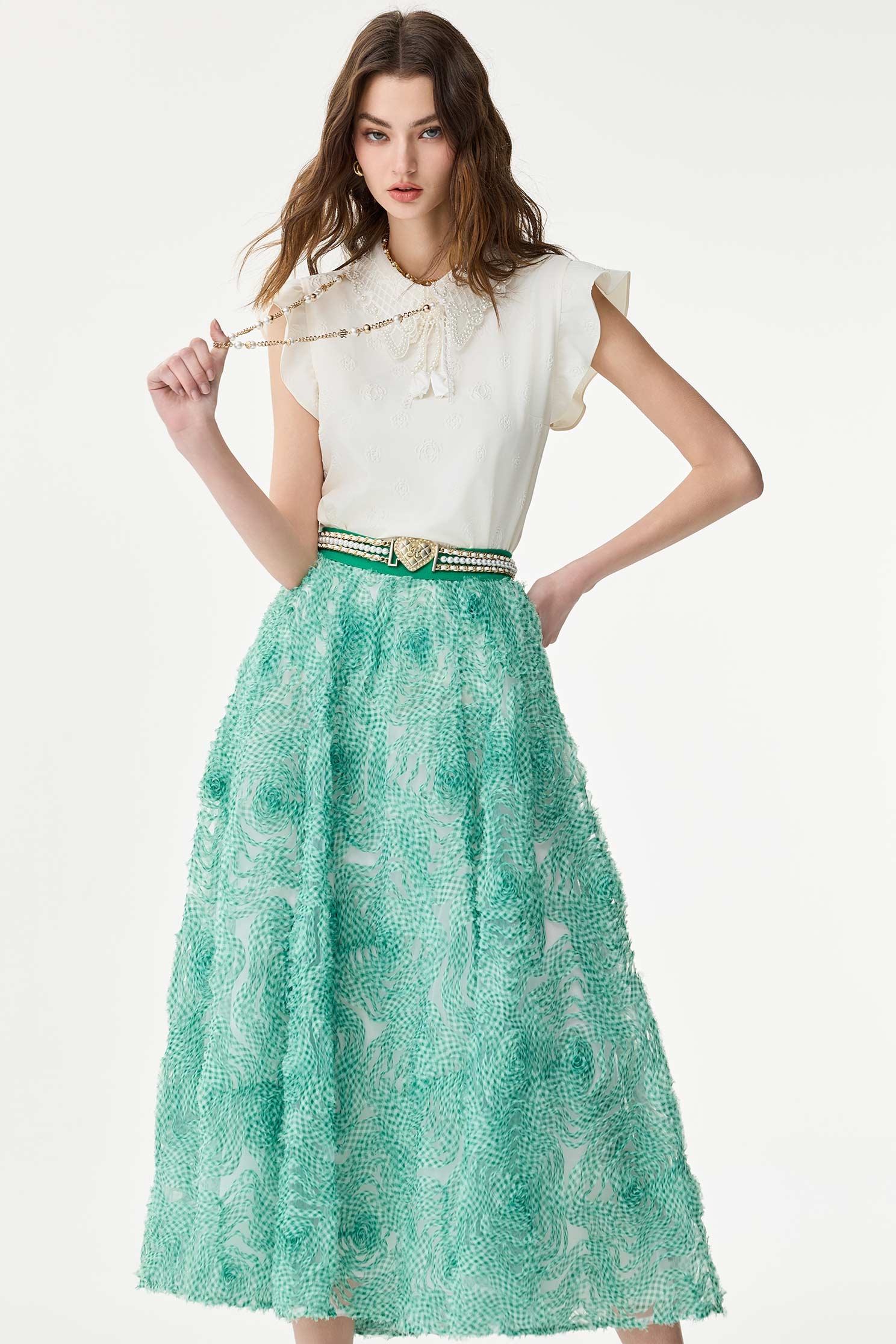 新葉綠格紋長裙新葉綠格紋長裙,人氣商品,春夏穿搭,時髦成套搭配,格紋,網紗,網裙,花花世界,長裙,雪紡