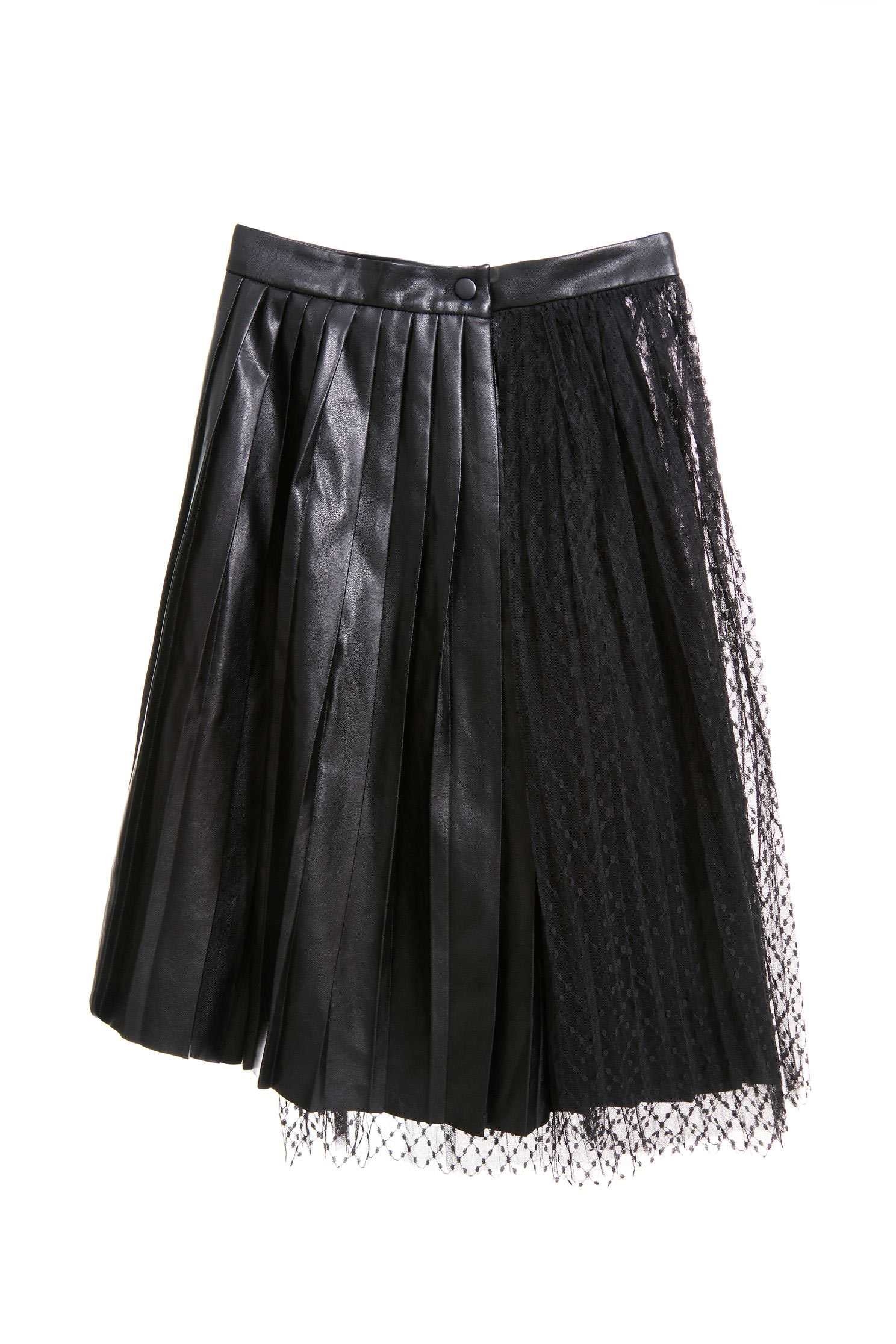 Mixed asymmetric half skirt,百折,Pleated Skirt,皮革,紗裙,Mesh,網裙,Long Skirt,黑色裙子