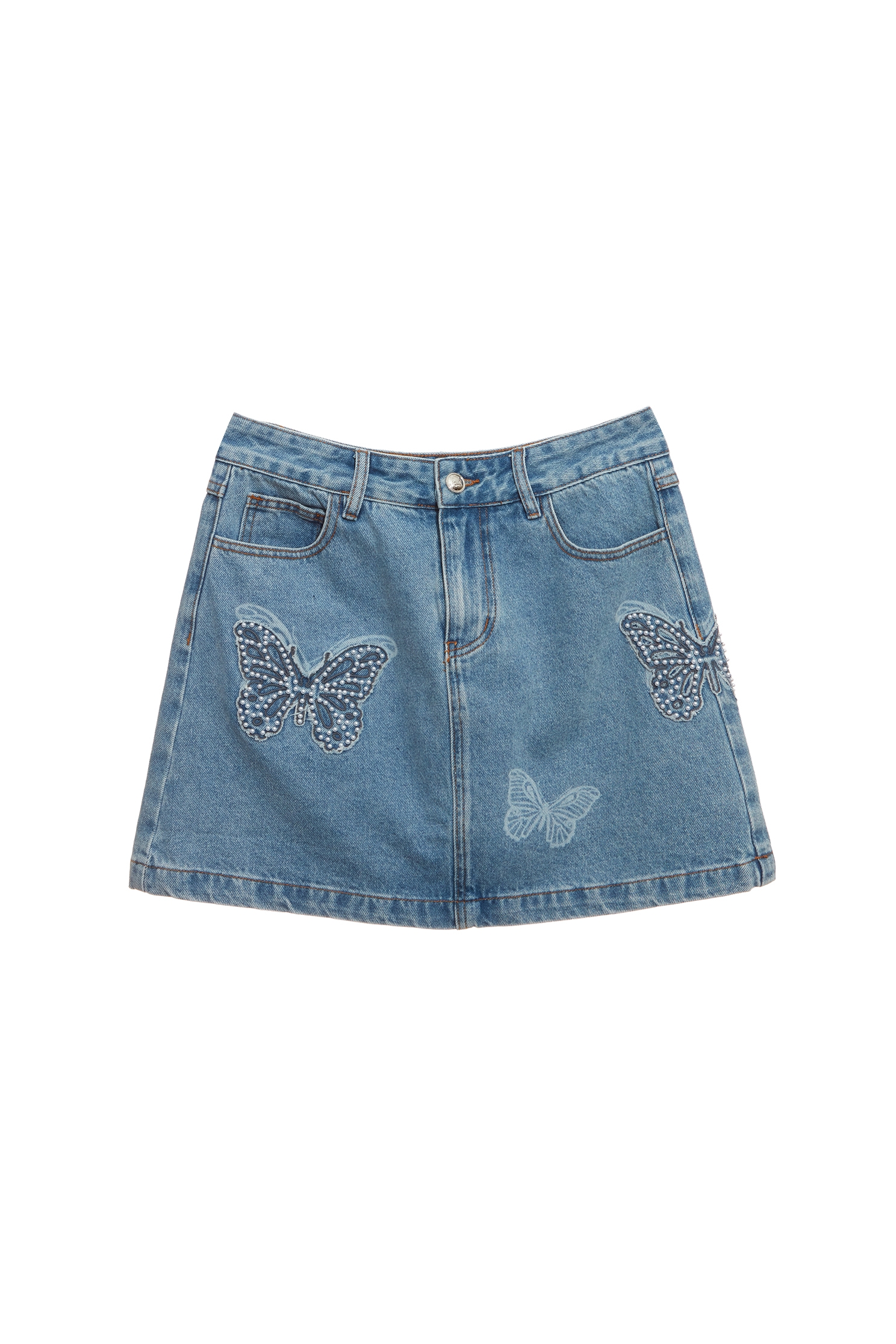 珍珠蝴蝶造型牛仔短裙珍珠蝴蝶造型牛仔短裙,人氣商品,牛仔,牛仔短裙,牛仔裙,珍珠,短裙,秋冬穿搭