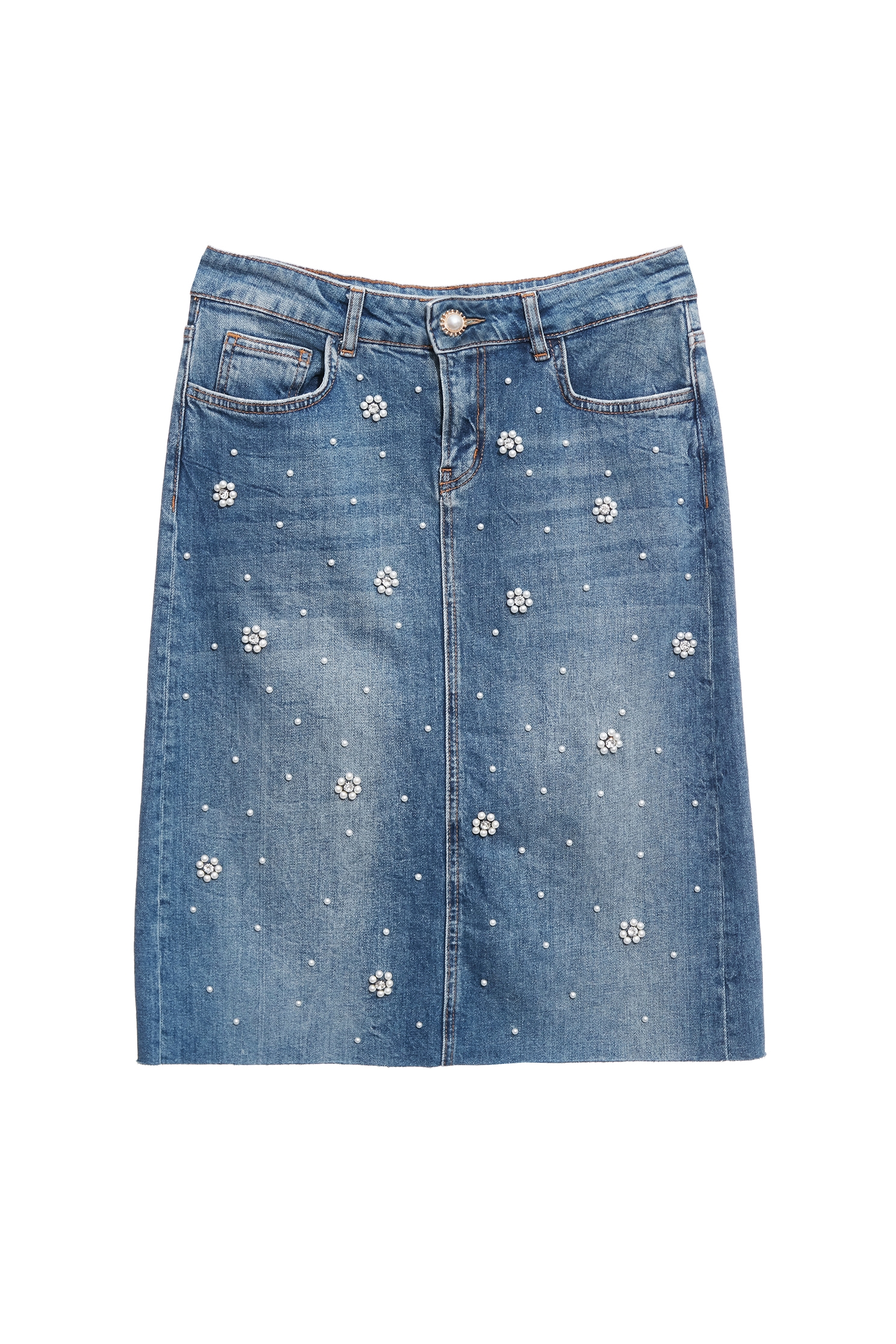 手工珍珠花瓣造型牛仔裙手工珍珠花瓣造型牛仔裙,丹寧,時髦成套搭配,牛仔,牛仔裙,珍珠,秋冬穿搭,約會特輯,花花世界,長裙